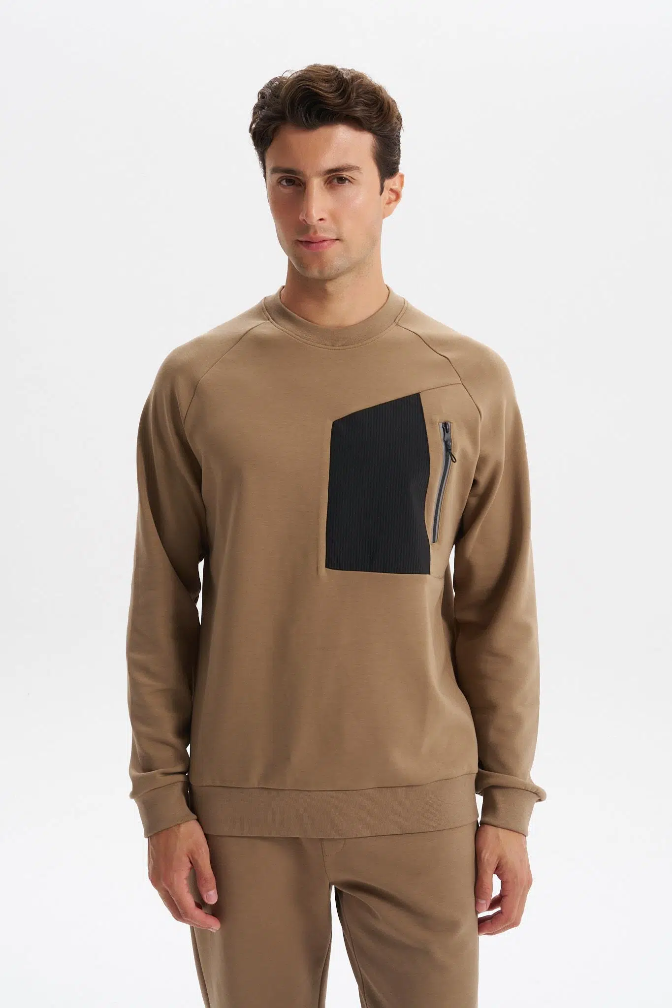 Ar-ma Erkek Bisiklet Yaka Sweatshirt Basic Baskisiz Sol Göğüs Cepli Slim Fit Scuba İnterlok K30124685402 - Gri-Bej G8