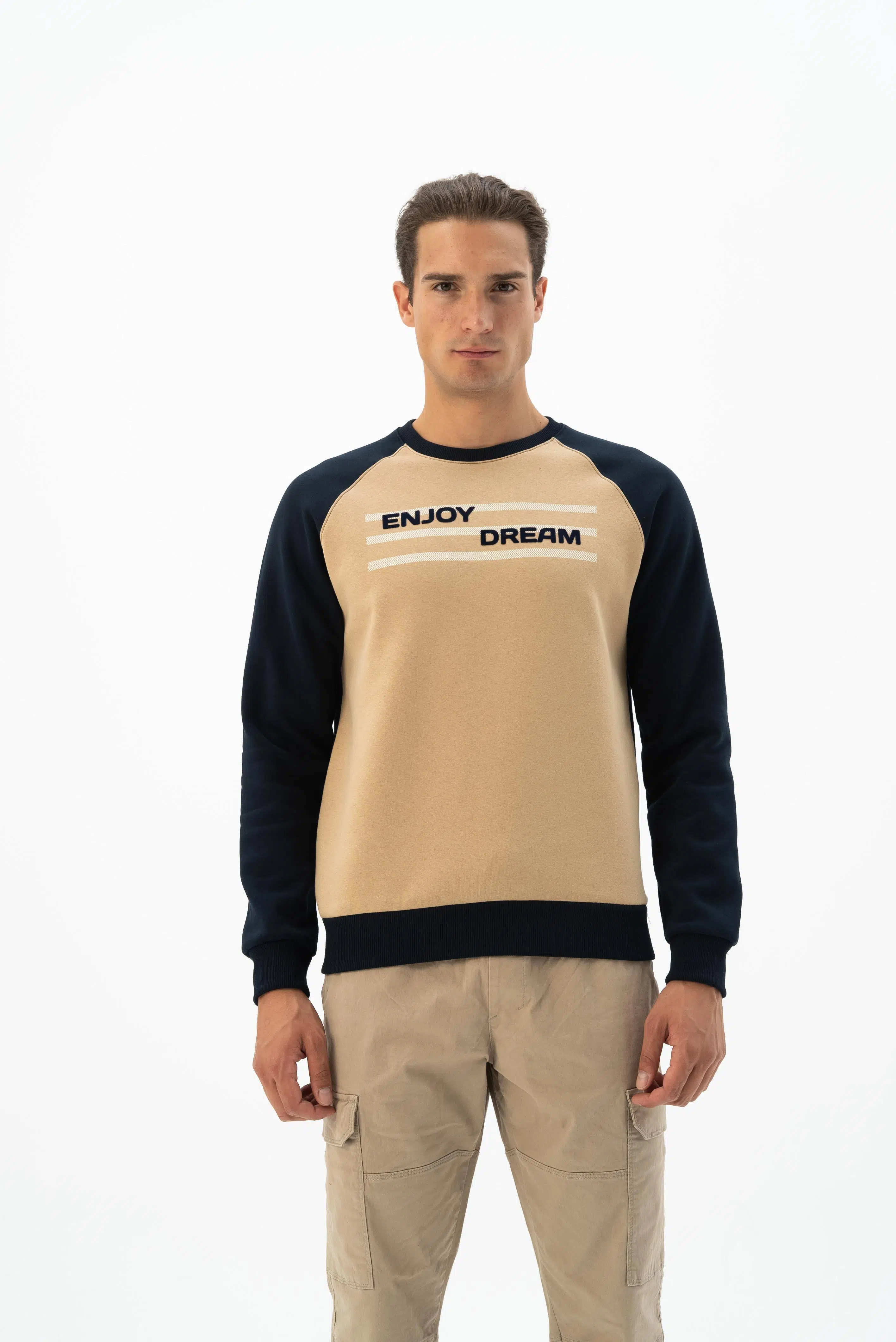 Ar-ma Erkek Bisiklet Yaka Sweatshirt Yazi Baskili Cepsiz Örme Kumaş Büyük Beden %70 Pamuk %30 Polyester 30/1 Şardonlu Üç İplik K24124884401 - Bej-B2