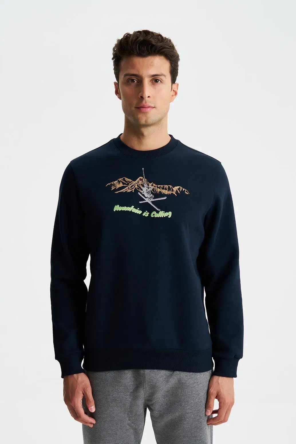 Ar-ma Erkek Bisiklet Yaka Sweatshirt Yazi Baskili Cepsiz Regular Fit Şardonlu Üç İplik K28124602501 - Lacivert-L1