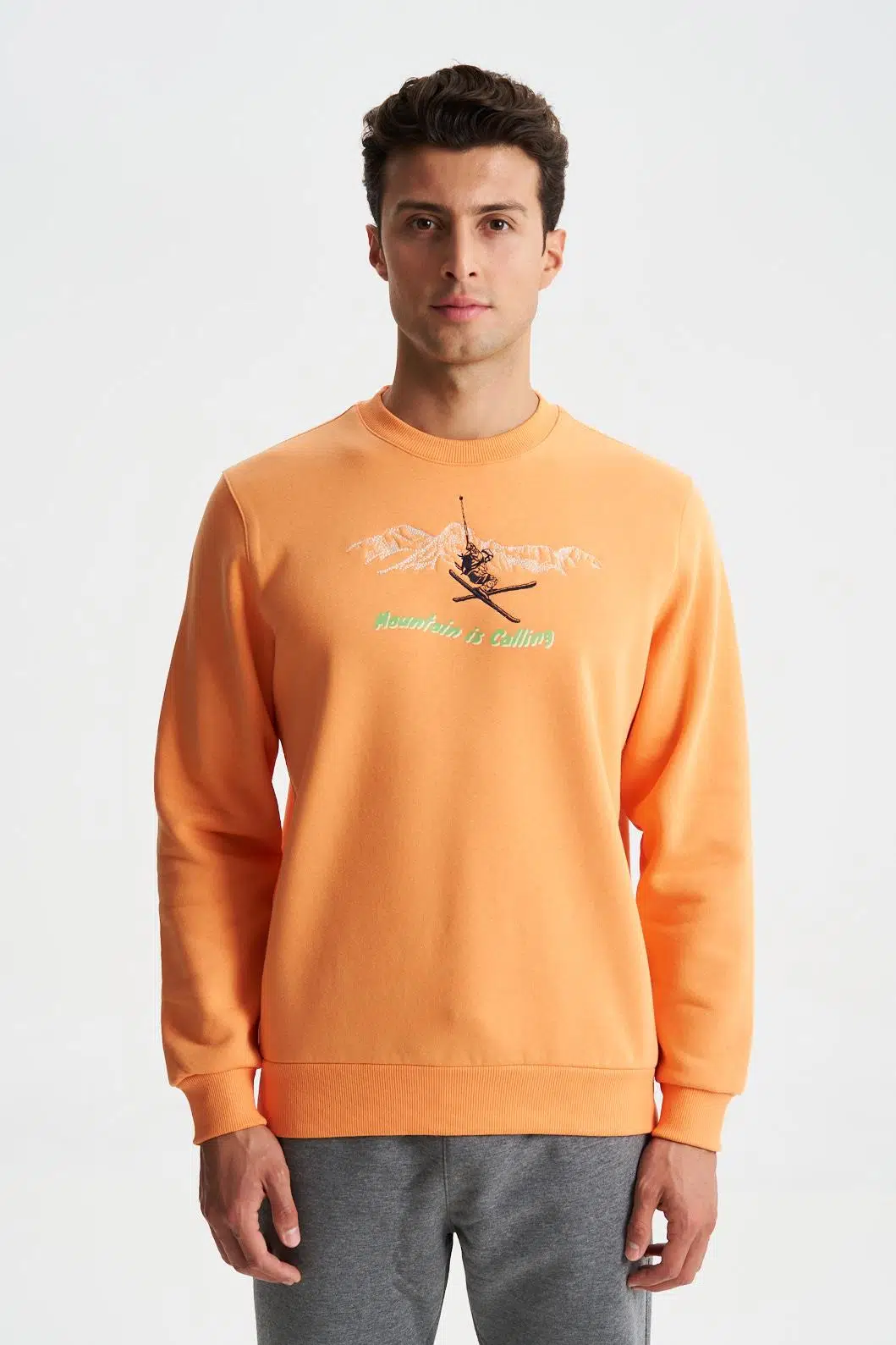 Ar-ma Erkek Bisiklet Yaka Sweatshirt Yazi Baskili Cepsiz Regular Fit Şardonlu Üç İplik K28124602501 - Turuncu-T1