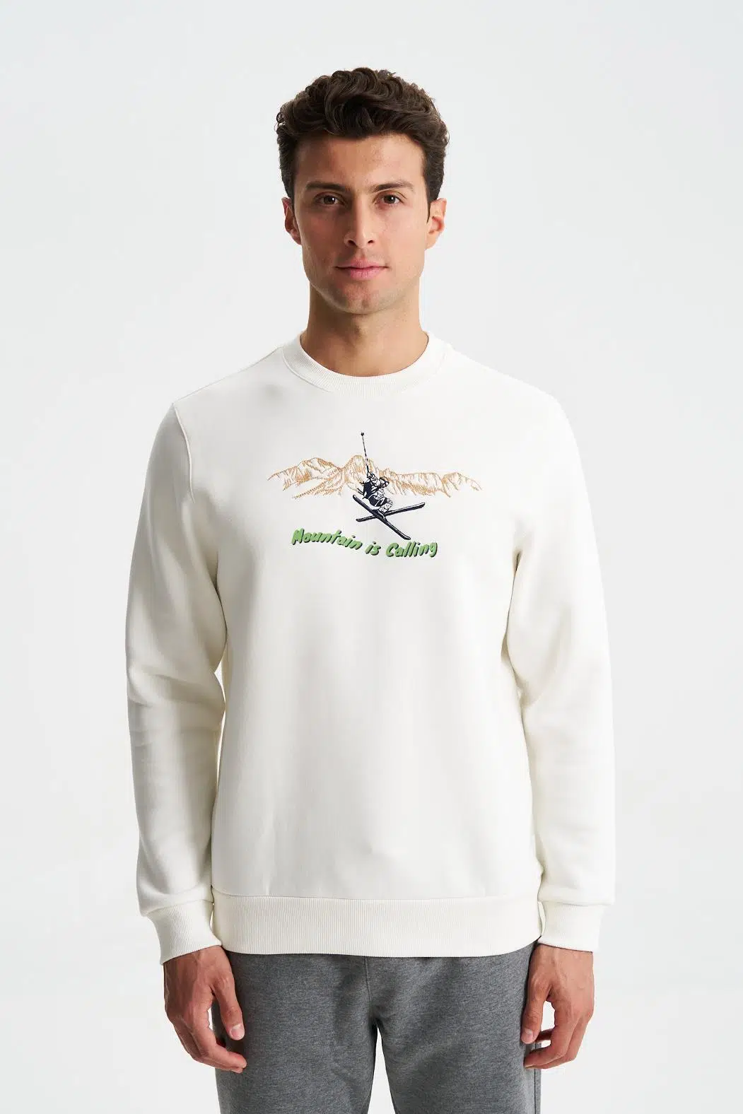 Ar-ma Erkek Bisiklet Yaka Sweatshirt Yazi Baskili Cepsiz Regular Fit Şardonlu Üç İplik K28124602501 - Ekru-E1