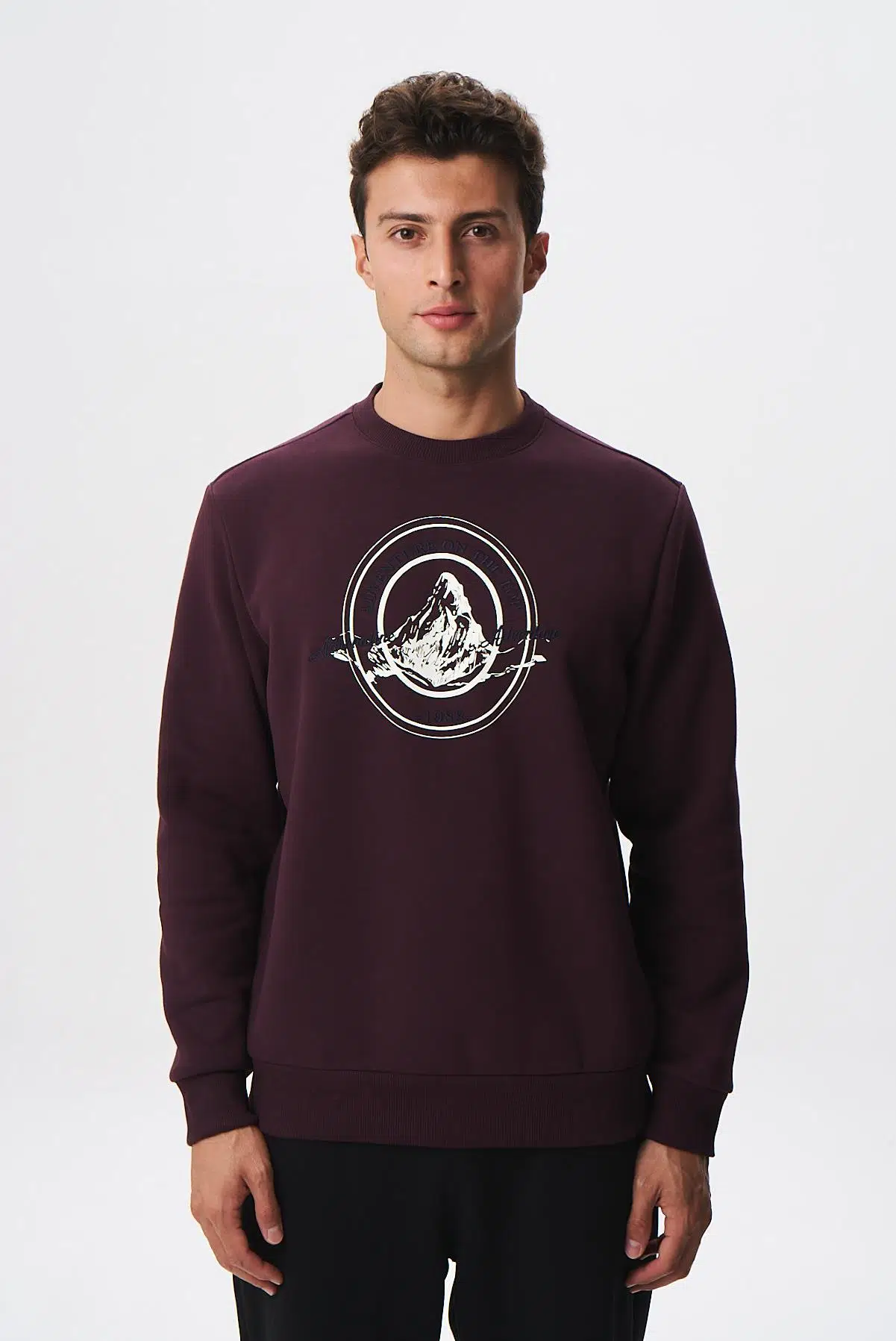 Ar-ma Erkek Bisiklet Yaka Sweatshirt Yazi Baskili Cepsiz Regular Fit Şardonlu Üç İplik K28124602901 - Bordo-B1