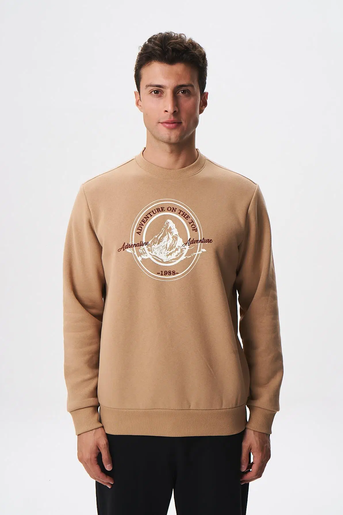Ar-ma Erkek Bisiklet Yaka Sweatshirt Yazi Baskili Cepsiz Regular Fit Şardonlu Üç İplik K28124602901 - Kahverengi-K3