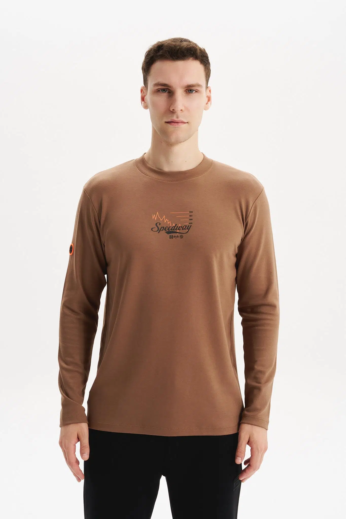 Ar-ma Erkek Bisiklet Yaka Sweatshirt Yazi Baskili Cepsiz Slim Fit Çift Tarafli İnterlok K30124989502 - Kahverengi-K7