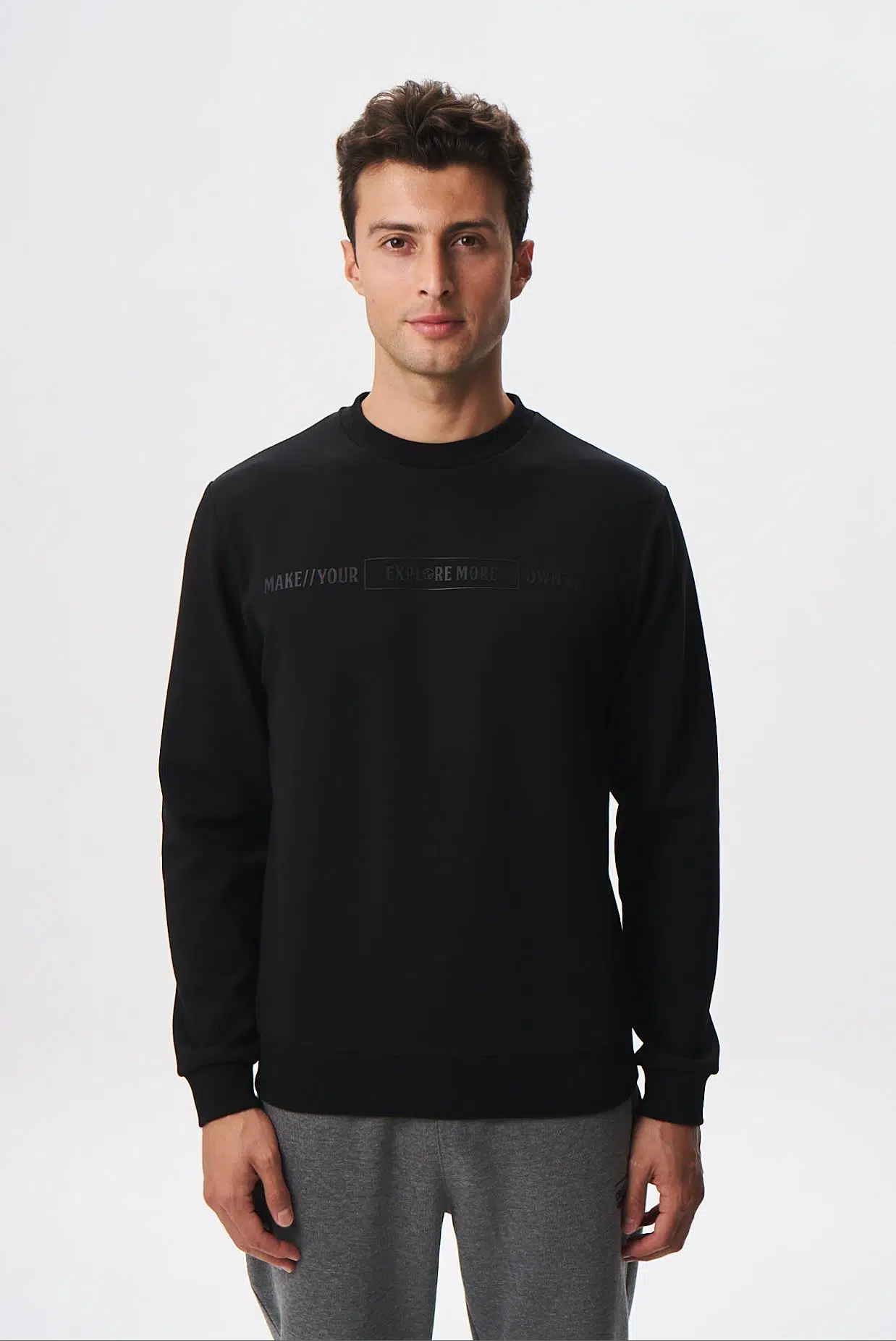 Ar-ma Erkek Bisiklet Yaka Sweatshirt Yazi Baskili Cepsiz Slim Fit Scuba İnterlok K28124988801 - Siyah-S1
