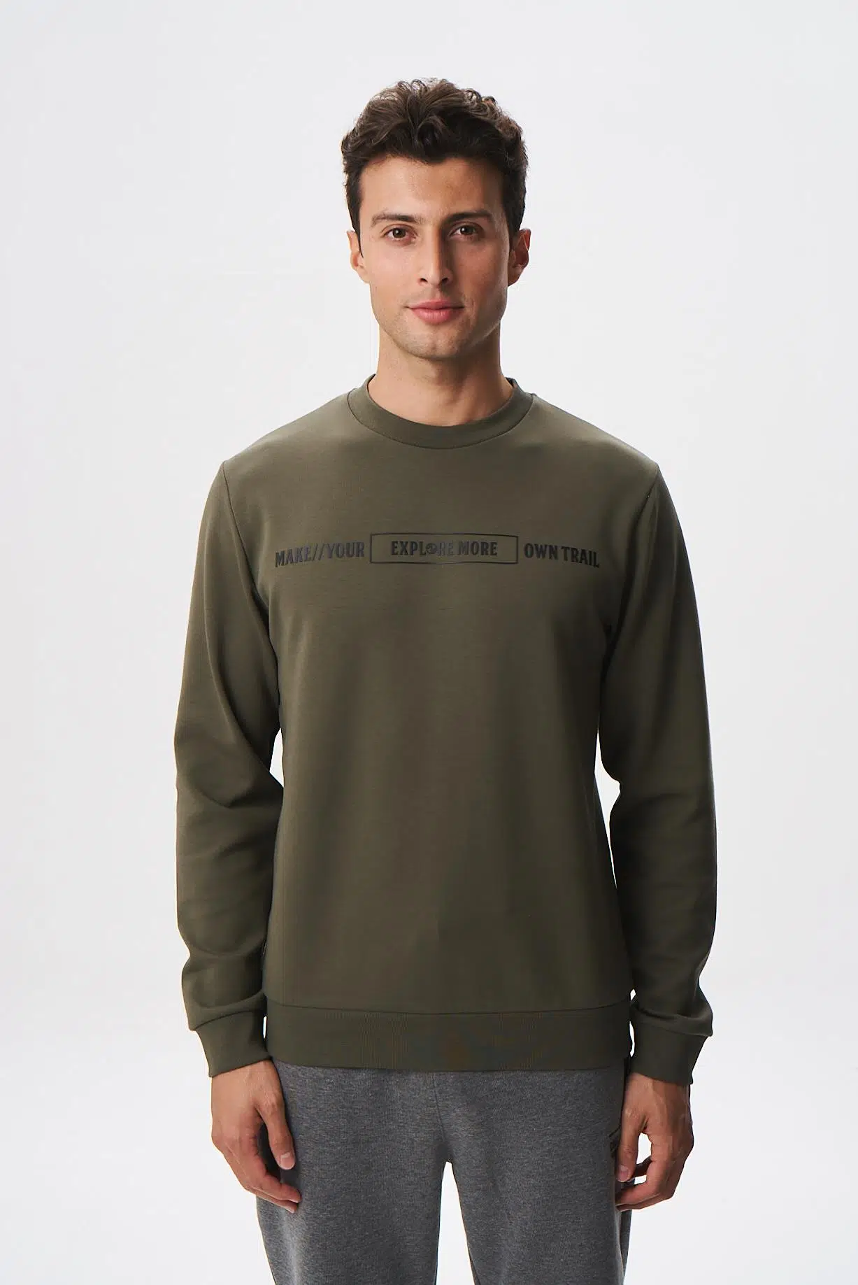 Ar-ma Erkek Bisiklet Yaka Sweatshirt Yazi Baskili Cepsiz Slim Fit Scuba İnterlok K28124988801 - Haki-H1