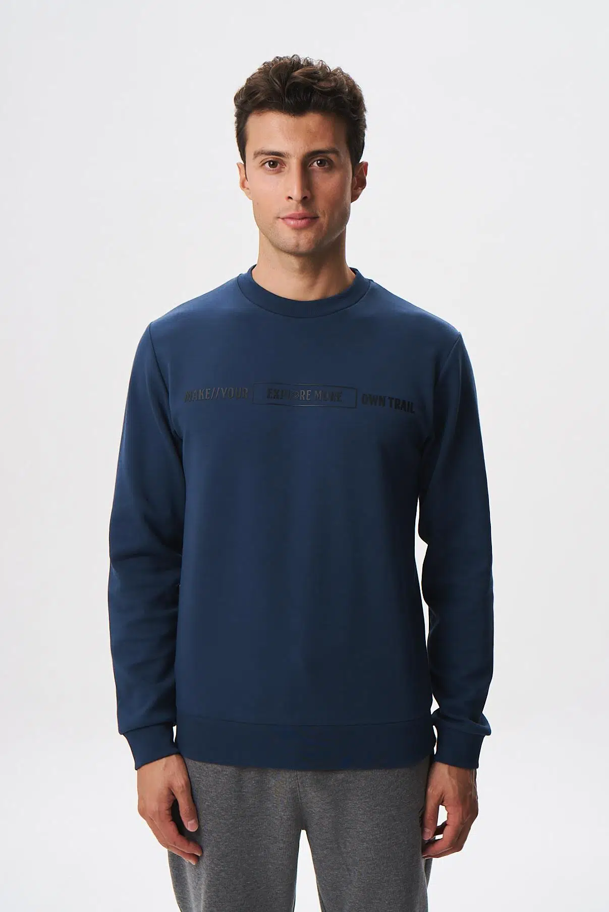 Ar-ma Erkek Bisiklet Yaka Sweatshirt Yazi Baskili Cepsiz Slim Fit Scuba İnterlok K28124988801 - İndigo-İ1