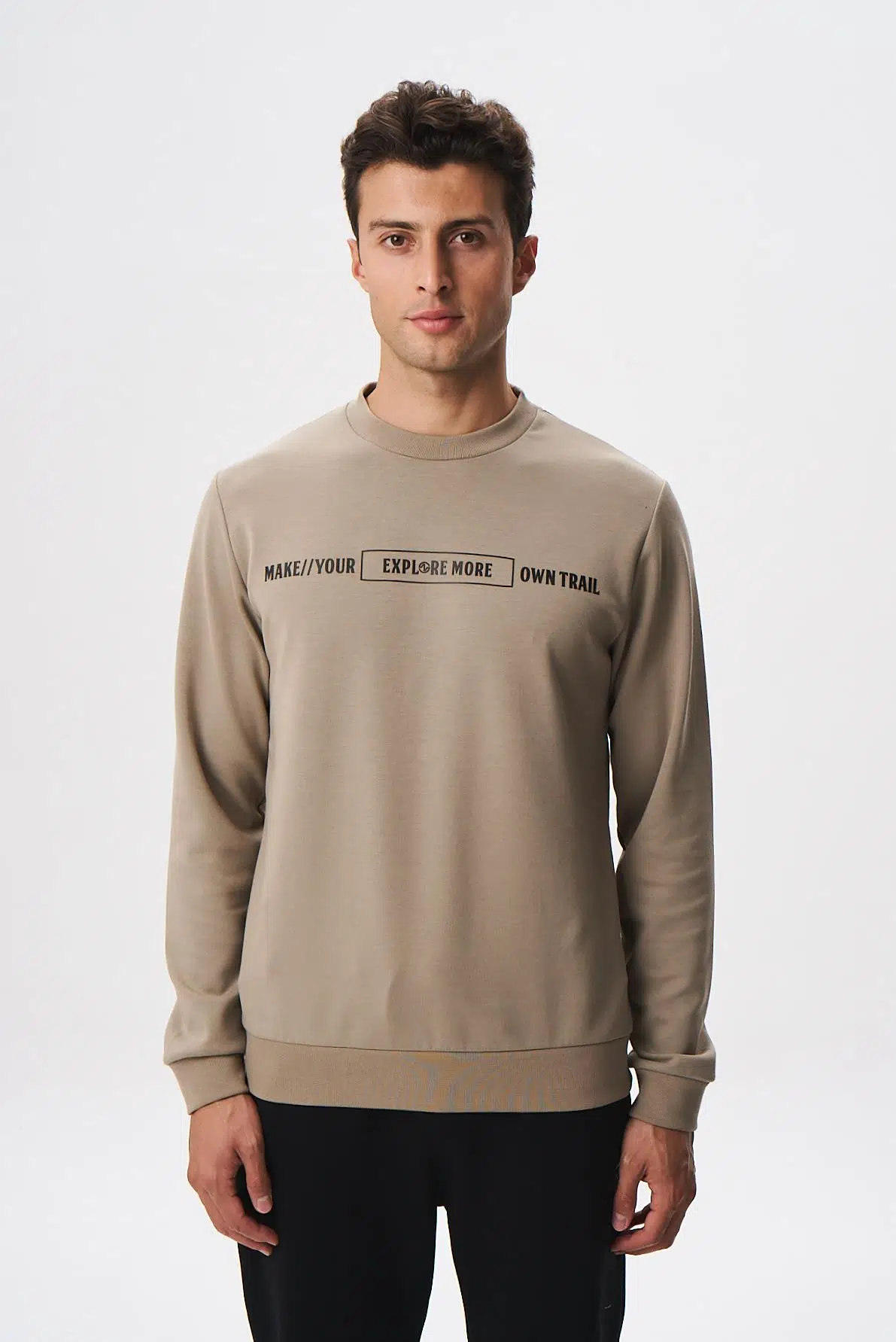 Ar-ma Erkek Bisiklet Yaka Sweatshirt Yazi Baskili Cepsiz Slim Fit Scuba İnterlok K28124988801 - Gri-Bej G8