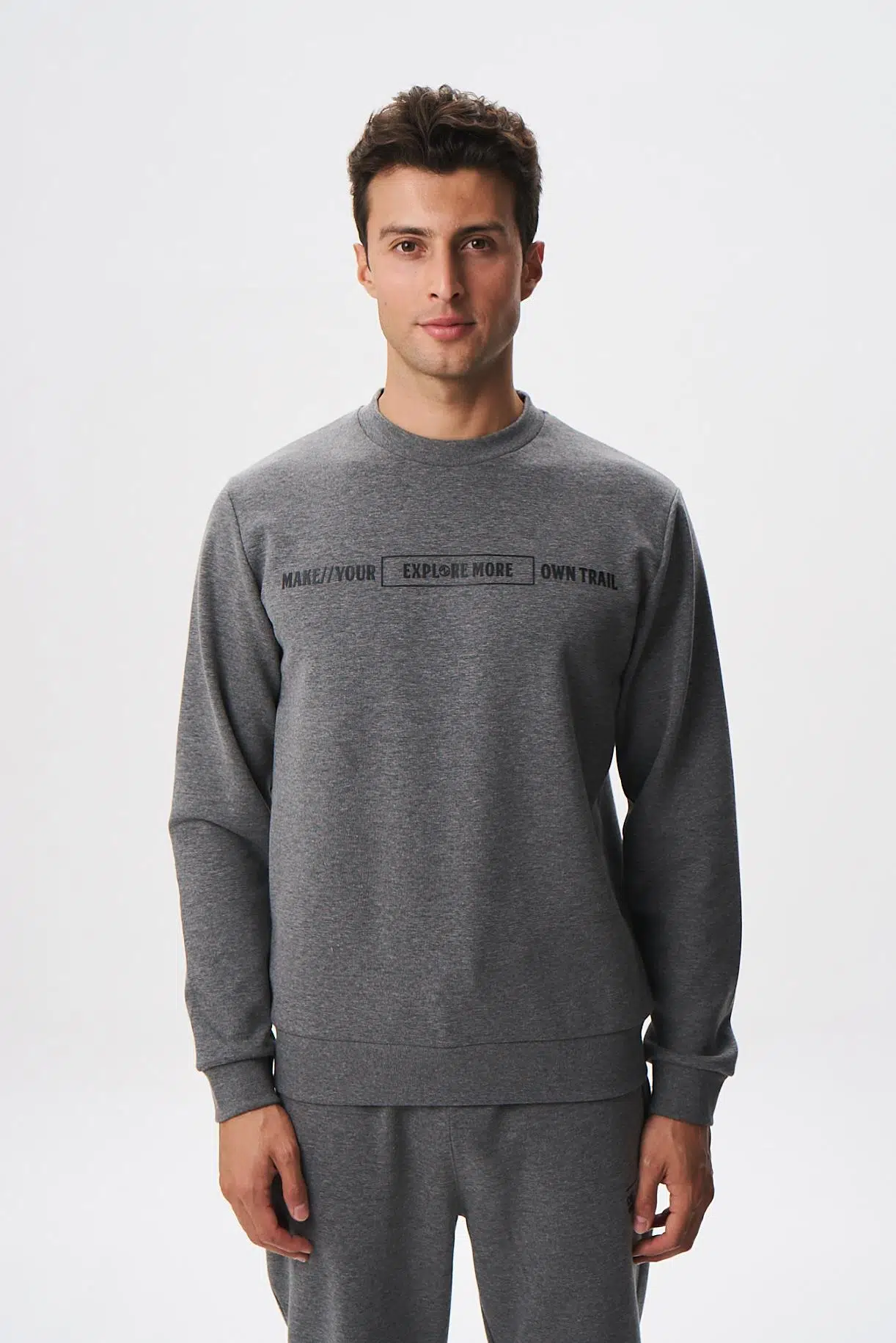 Ar-ma Erkek Bisiklet Yaka Sweatshirt Yazi Baskili Cepsiz Slim Fit Scuba İnterlok K28124988801 - Gri-G10