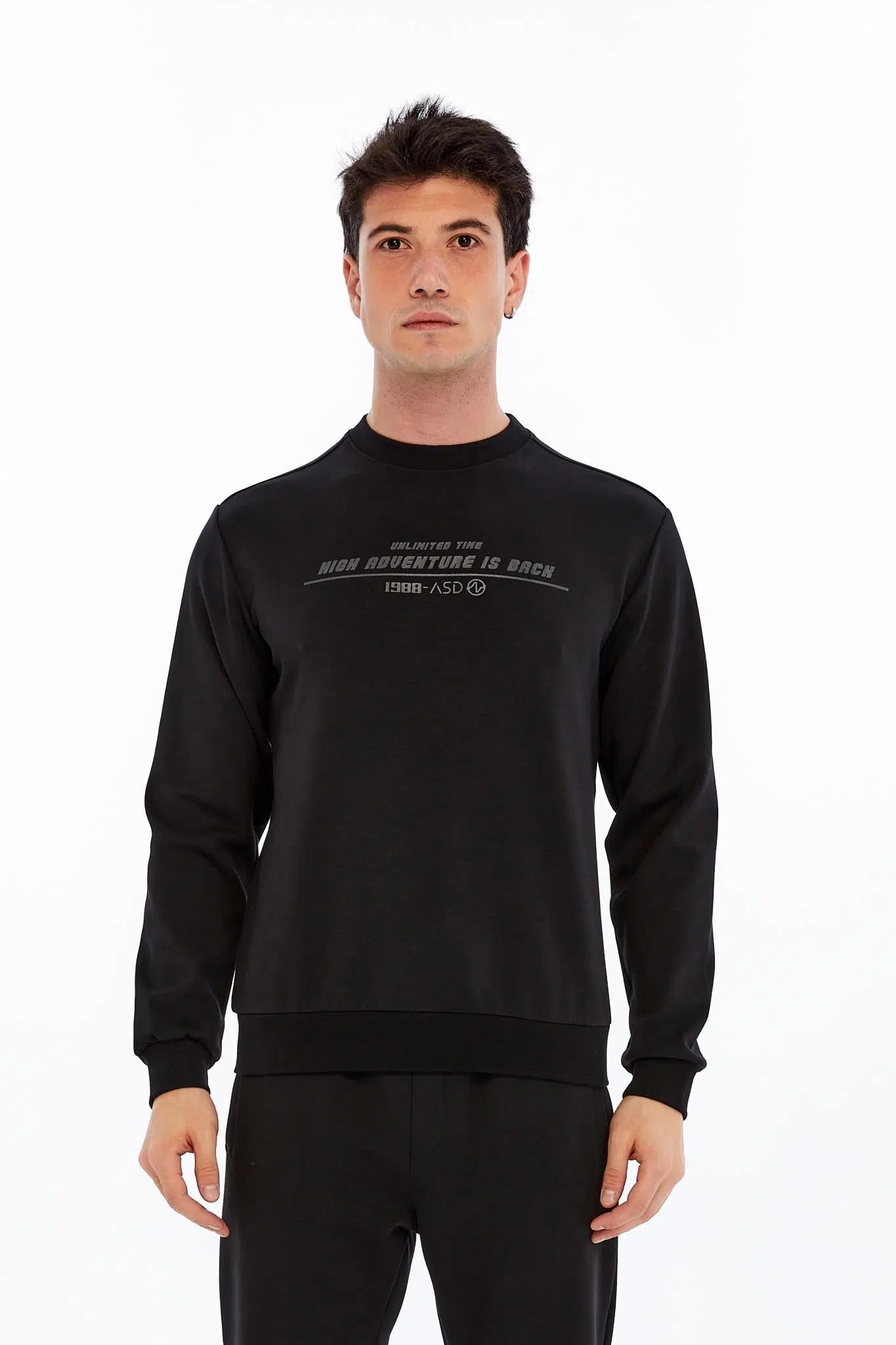 Ar-ma Erkek Bisiklet Yaka Sweatshirt Yazi Baskili Cepsiz Slim Fit Scuba İnterlok K30124685502 - Siyah-S1