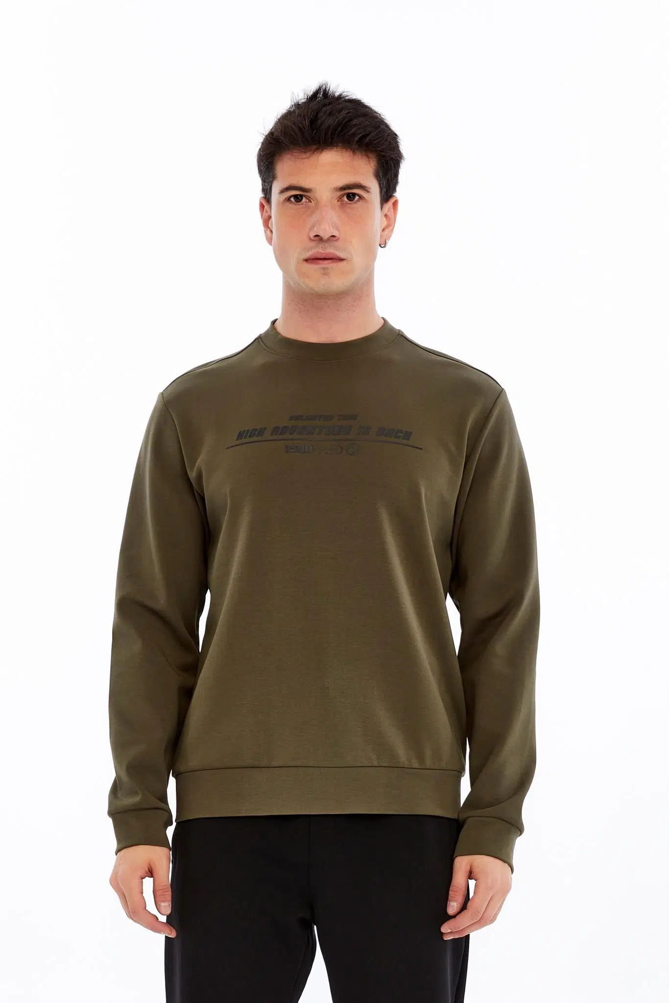 Ar-ma Erkek Bisiklet Yaka Sweatshirt Yazi Baskili Cepsiz Slim Fit Scuba İnterlok K30124685502 - Haki-H1