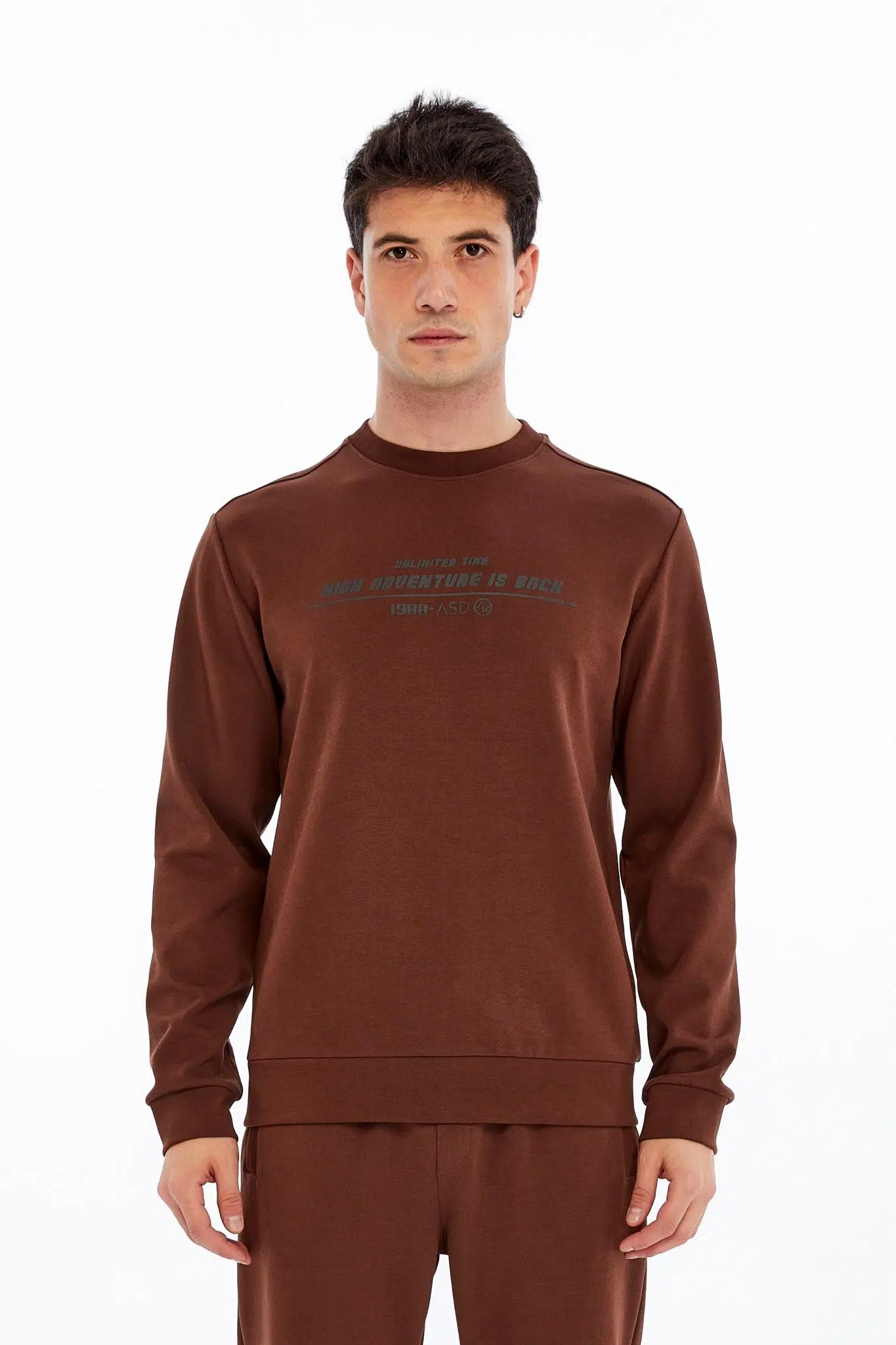 Ar-ma Erkek Bisiklet Yaka Sweatshirt Yazi Baskili Cepsiz Slim Fit Scuba İnterlok K30124685502 - Kahverengi-K1