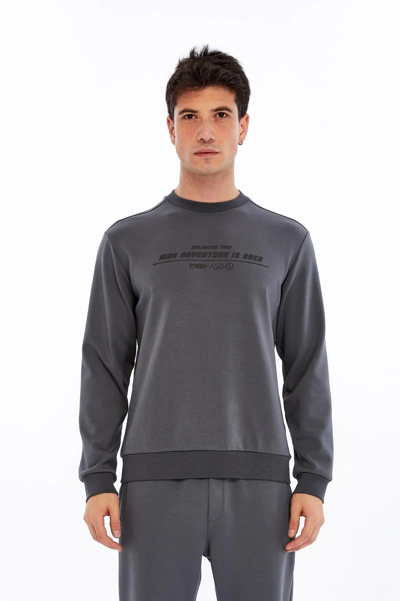 Ar-ma Erkek Bisiklet Yaka Sweatshirt Yazi Baskili Cepsiz Slim Fit Scuba İnterlok K30124685502 - Gri-G3