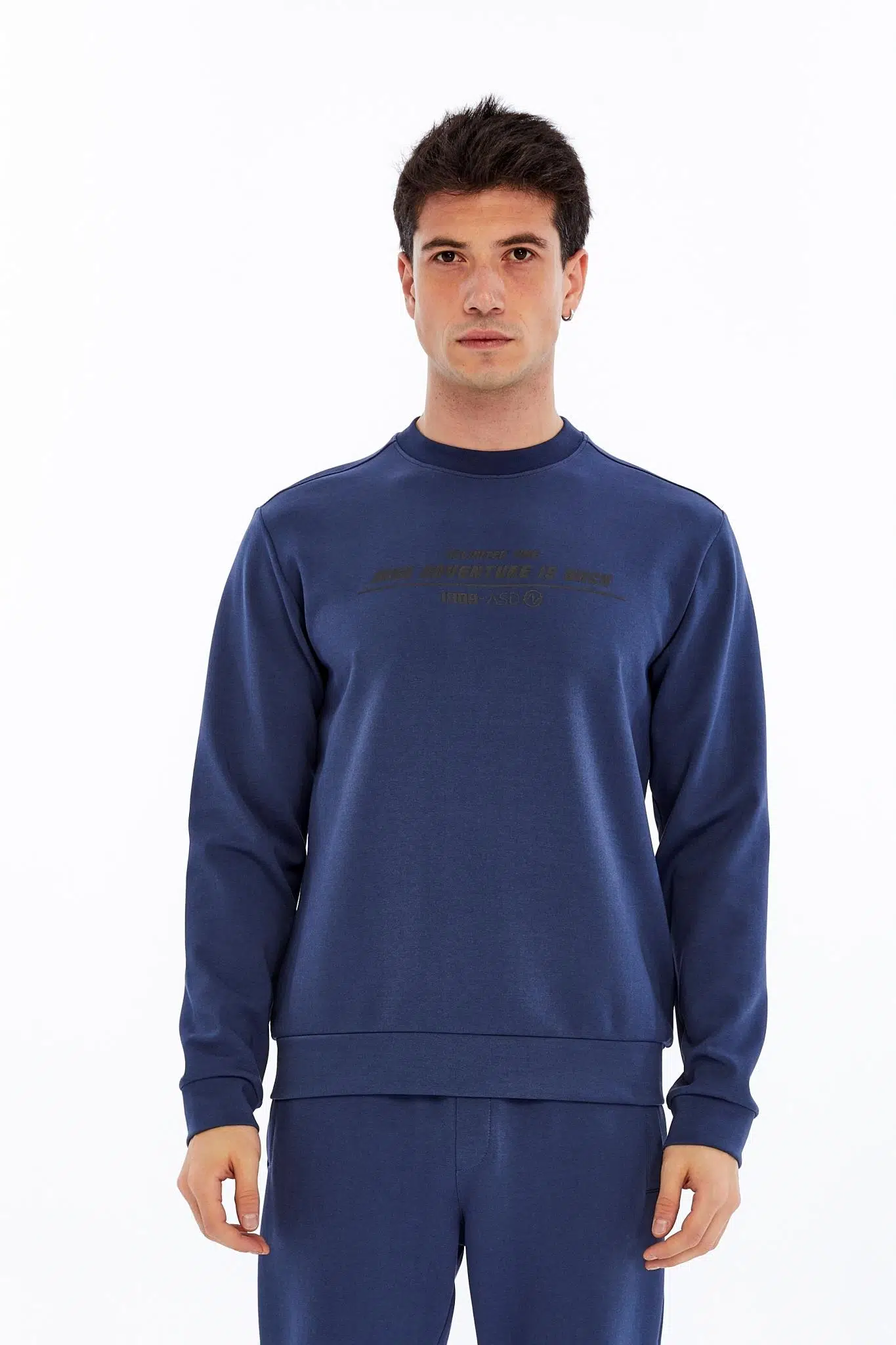 Ar-ma Erkek Bisiklet Yaka Sweatshirt Yazi Baskili Cepsiz Slim Fit Scuba İnterlok K30124685502 - İndigo-İ1