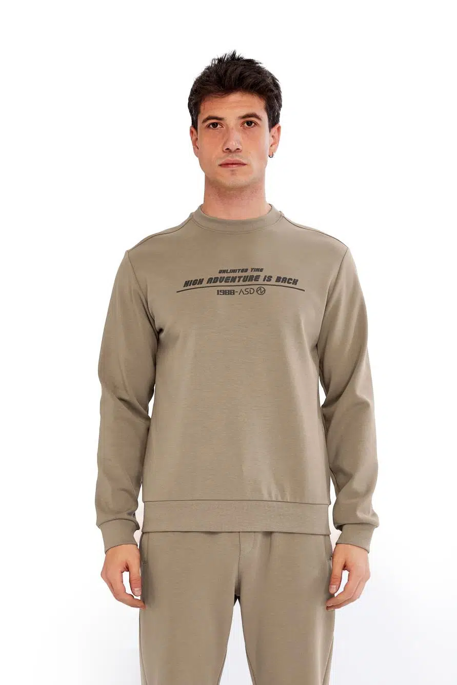 Ar-ma Erkek Bisiklet Yaka Sweatshirt Yazi Baskili Cepsiz Slim Fit Scuba İnterlok K30124685502 - Gri-Bej G8