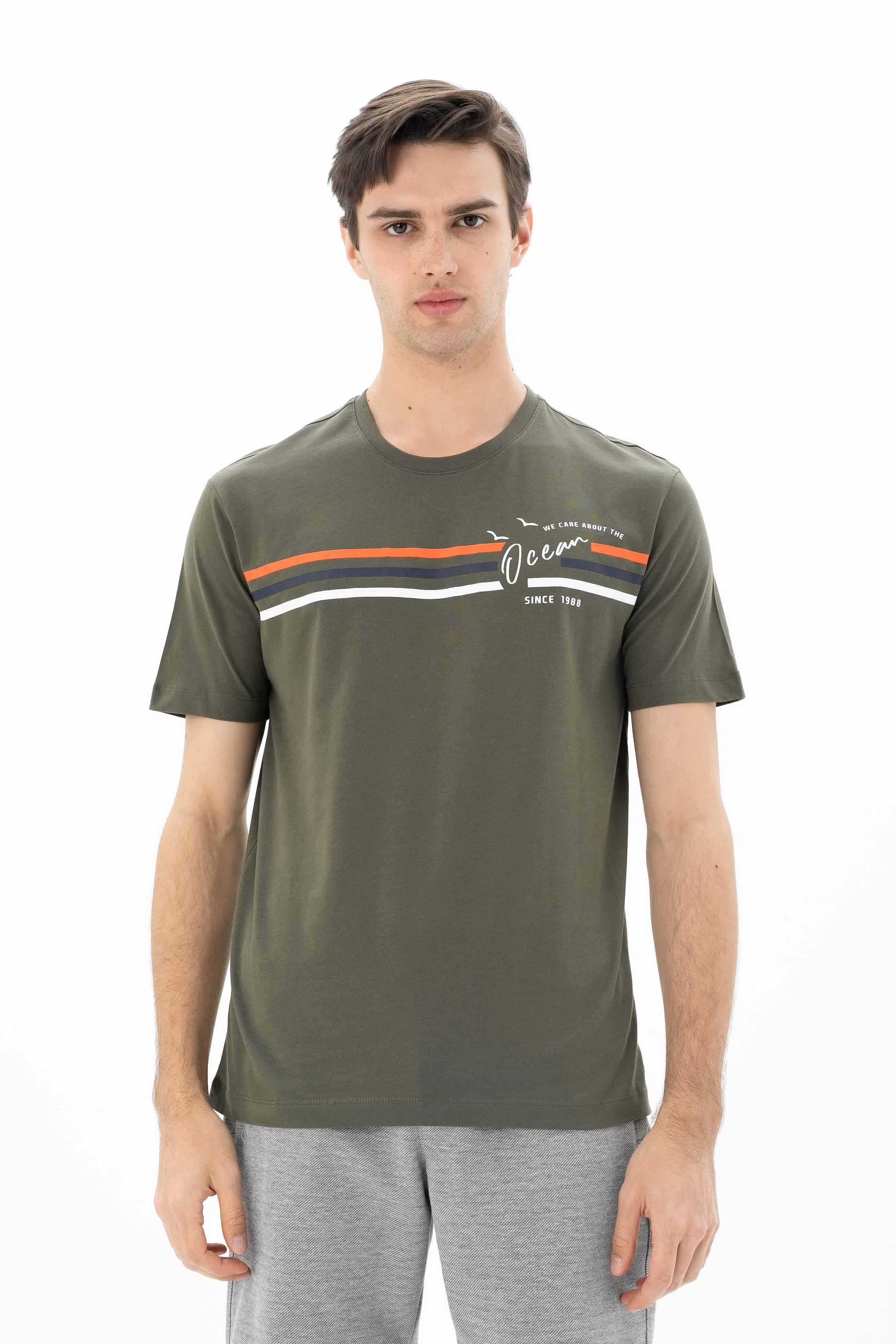 Ar-ma Erkek Bisiklet Yaka Tişört Yazi Baskili Örme Kumaş Regular Fit %100 Pamuk 30/1 Penye Süprem Y25344404501 - Haki-H1
