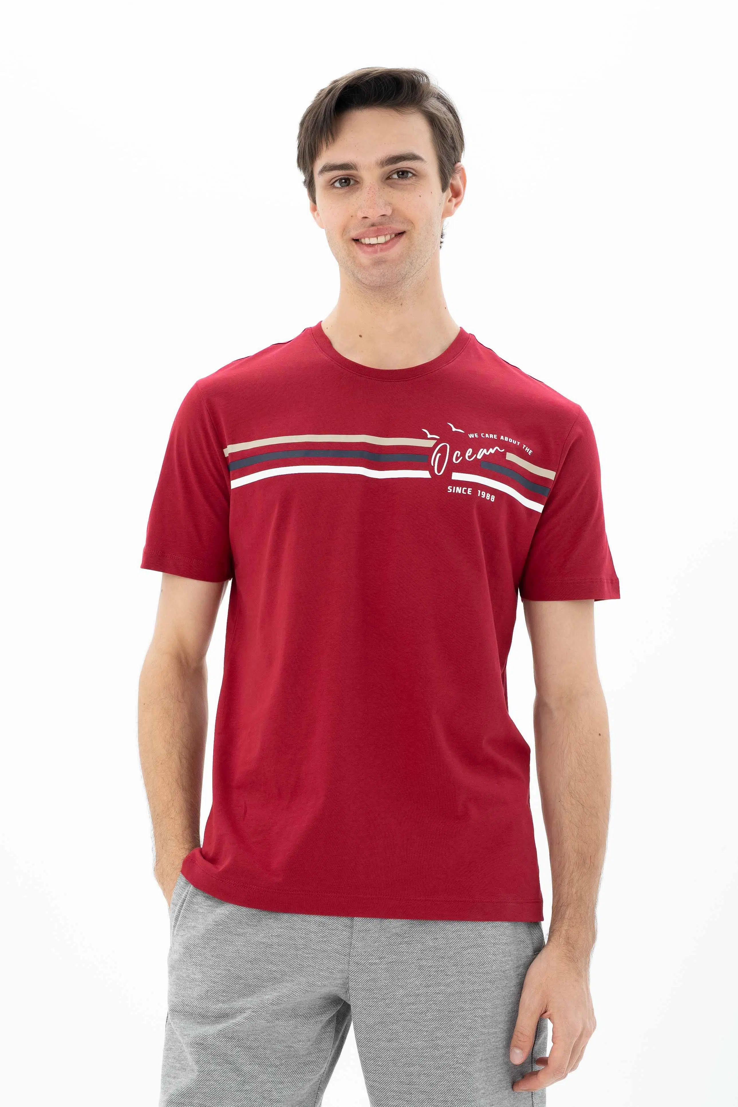 Ar-ma Erkek Bisiklet Yaka Tişört Yazi Baskili Örme Kumaş Regular Fit %100 Pamuk 30/1 Penye Süprem Y25344404501 - Bordo-B1
