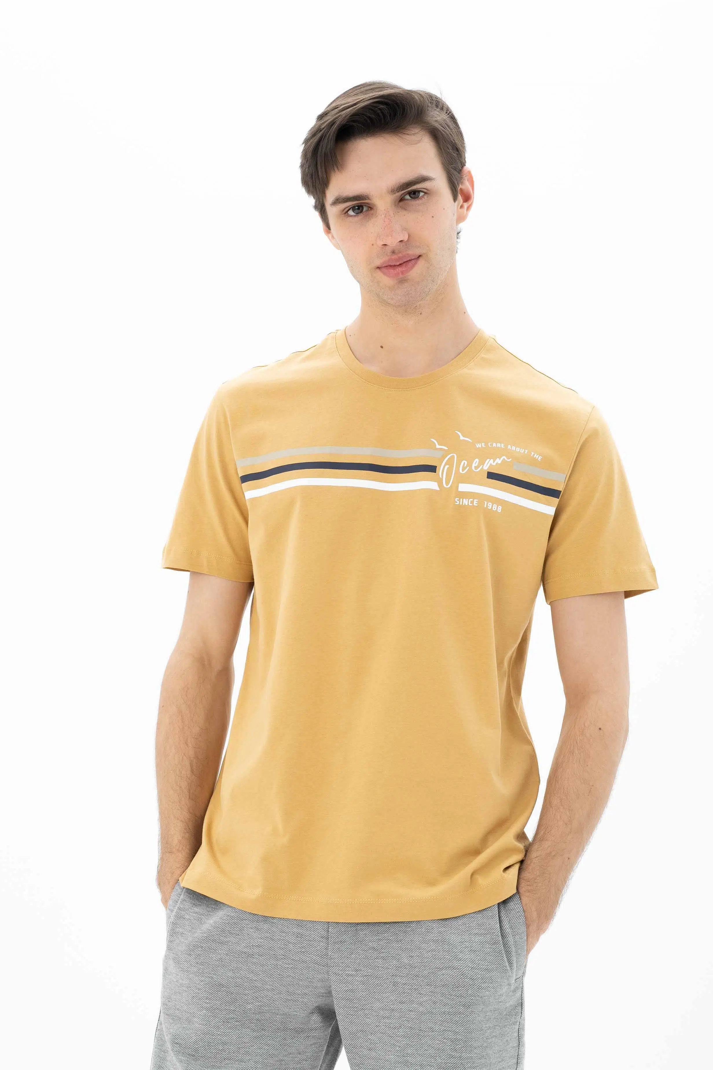Ar-ma Erkek Bisiklet Yaka Tişört Yazi Baskili Örme Kumaş Regular Fit %100 Pamuk 30/1 Penye Süprem Y25344404501 - Hardal Sarısı-H1