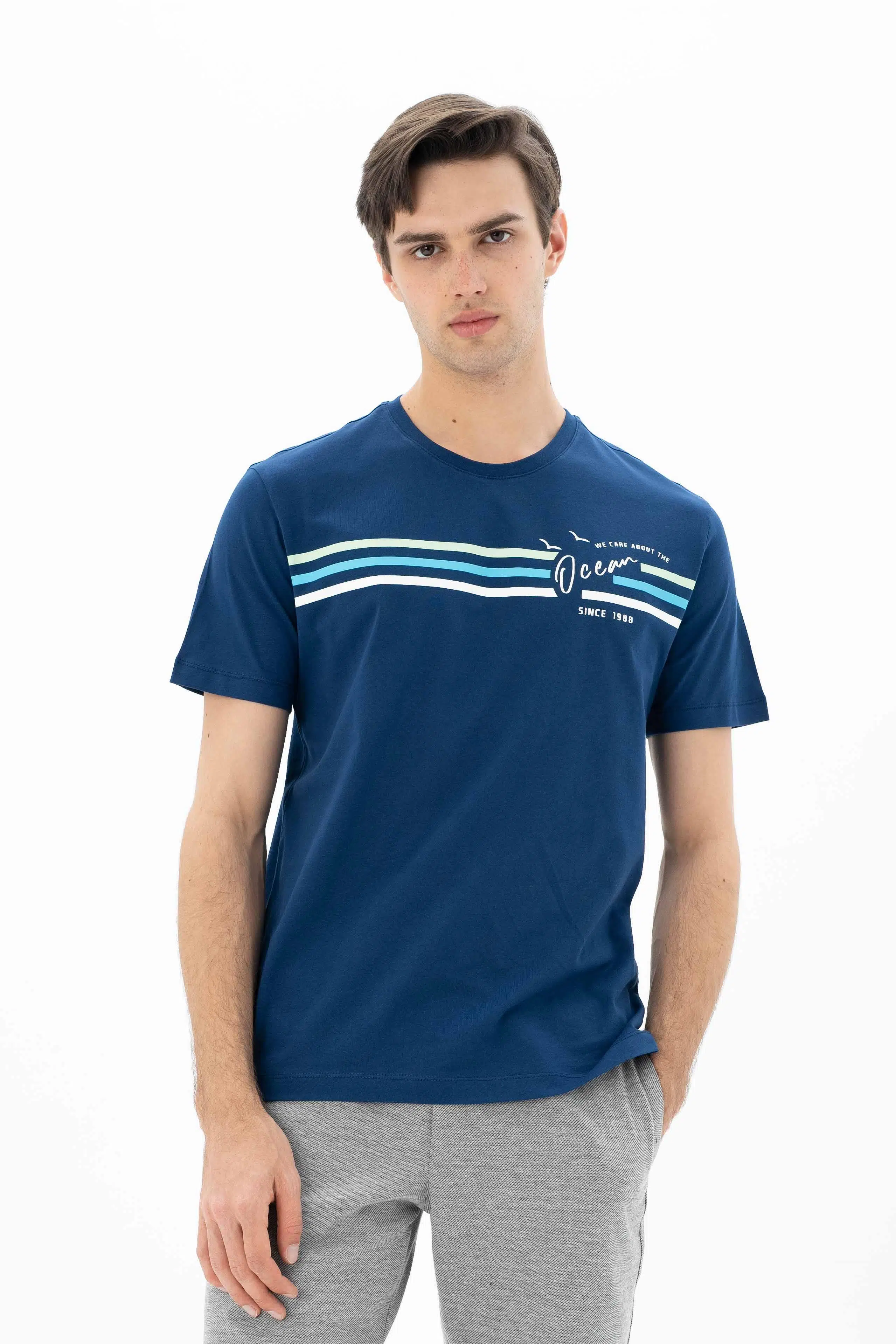 Ar-ma Erkek Bisiklet Yaka Tişört Yazi Baskili Örme Kumaş Regular Fit %100 Pamuk 30/1 Penye Süprem Y25344404501 - İndigo-İ1