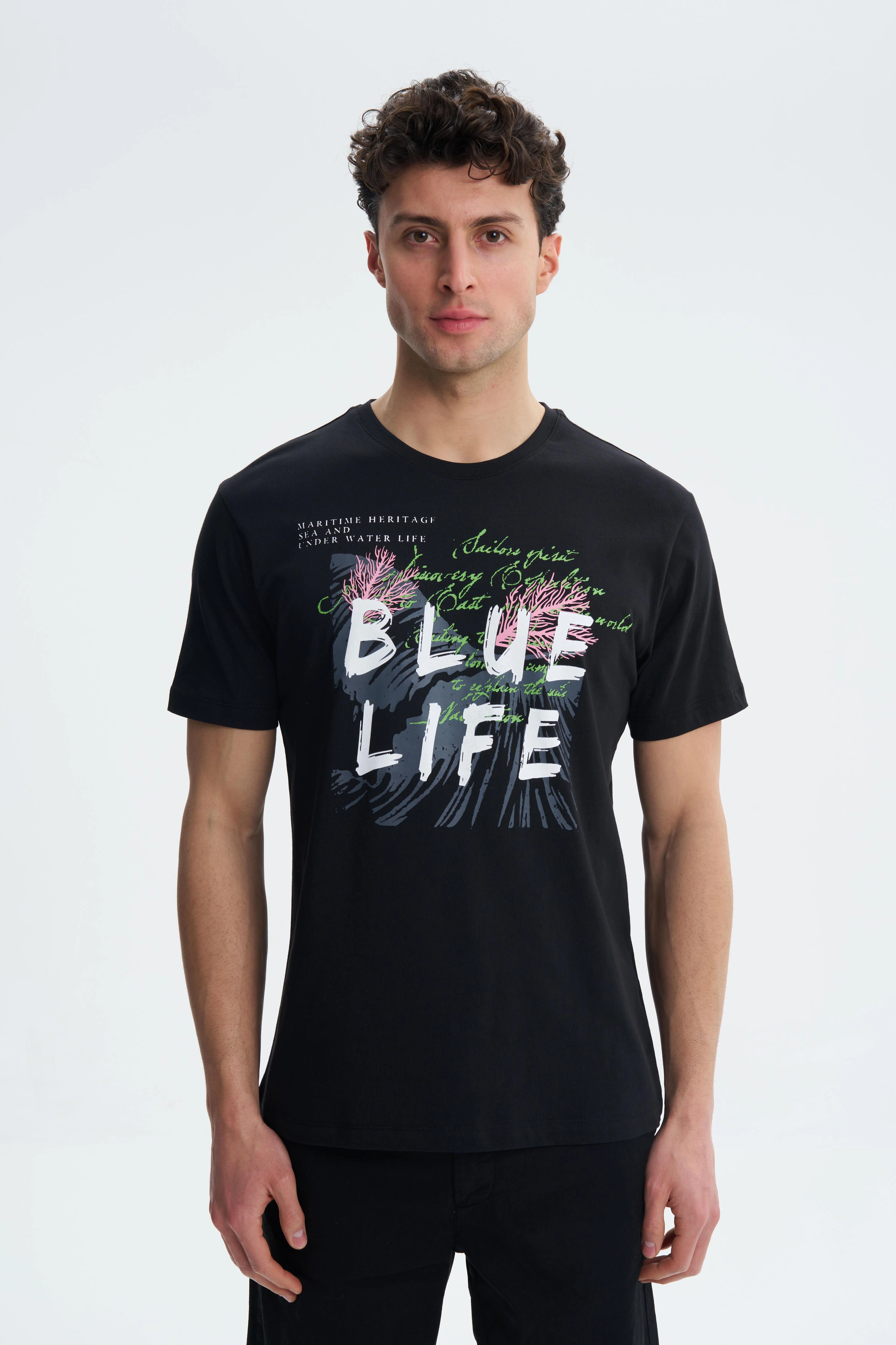Ar-ma Erkek Bisiklet Yaka Tişört Yazi Baskili Regular Fit Penye Süprem Y27344407201 - Siyah-S1