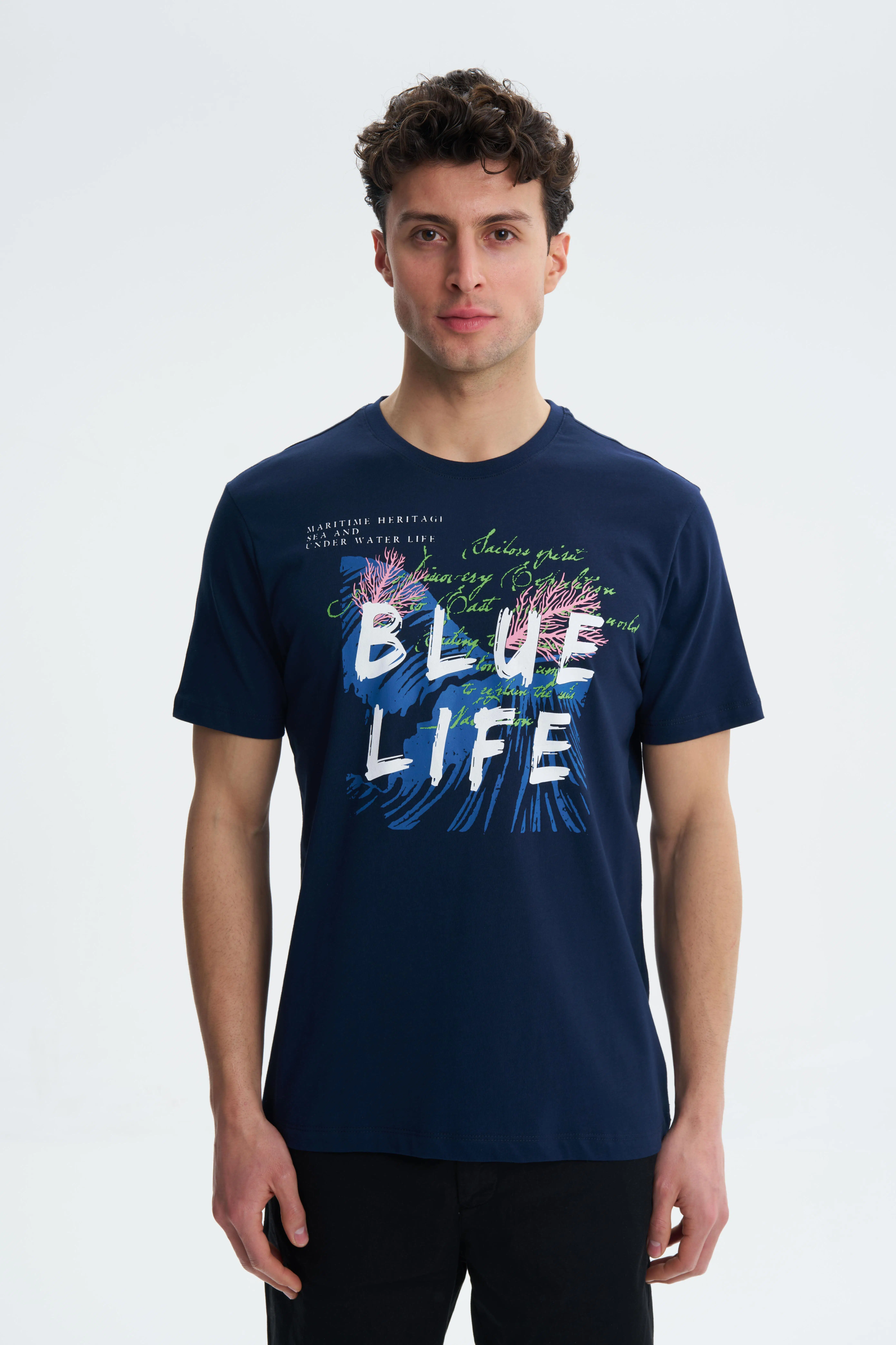 Ar-ma Erkek Bisiklet Yaka Tişört Yazi Baskili Regular Fit Penye Süprem Y27344407201 - Lacivert-L1