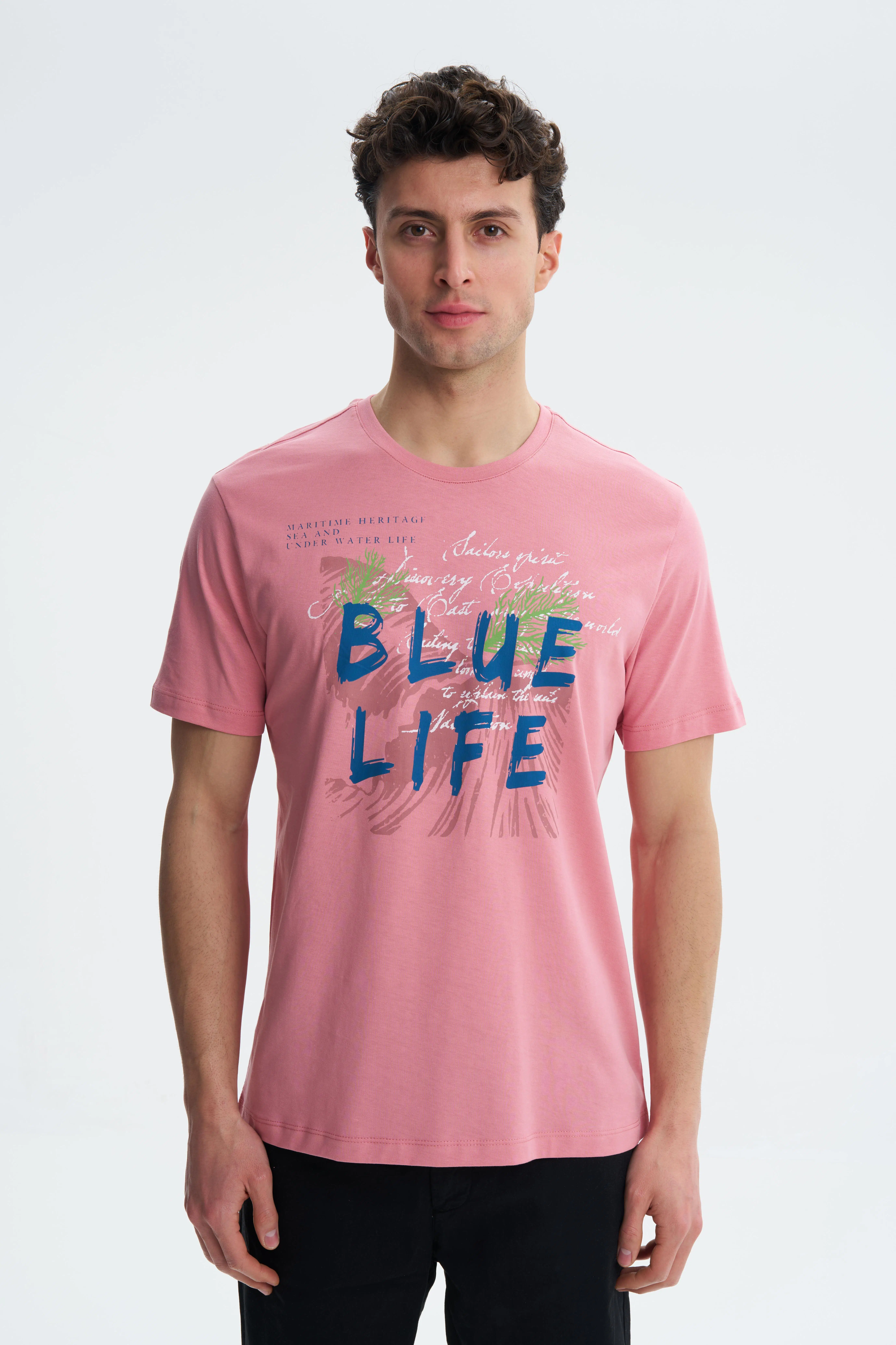 Ar-ma Erkek Bisiklet Yaka Tişört Yazi Baskili Regular Fit Penye Süprem Y27344407201 - Pembe-P3