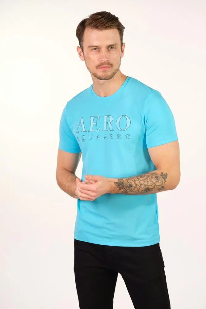Ar-ma Erkek Bisiklet Yaka Tişört Yazi Baskili Slim Fit Full Süprem Y22344450501 - Turkuaz-T1