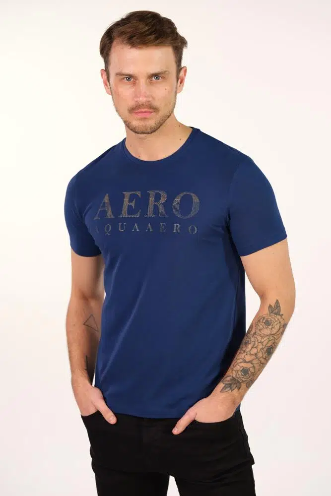 Ar-ma Erkek Bisiklet Yaka Tişört Yazi Baskili Slim Fit Full Süprem Y22344450501 - İndigo-İ1