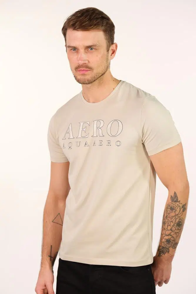 Ar-ma Erkek Bisiklet Yaka Tişört Yazi Baskili Slim Fit Full Süprem Y22344450501 - Bej-B1