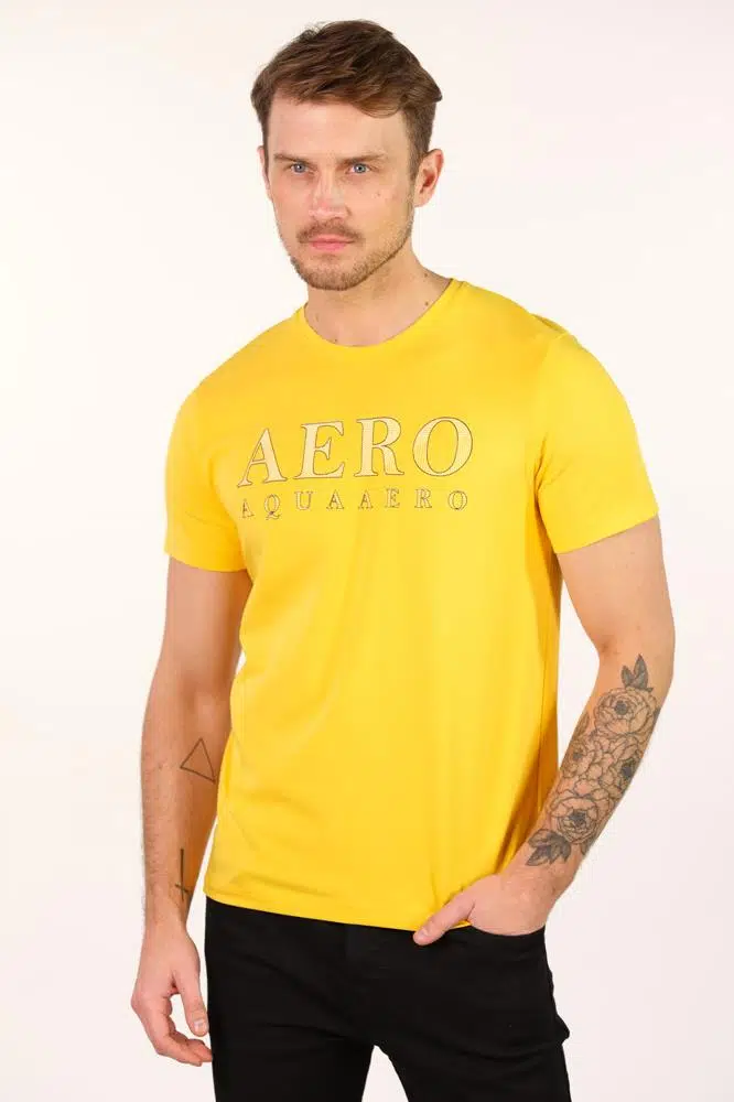 Ar-ma Erkek Bisiklet Yaka Tişört Yazi Baskili Slim Fit Full Süprem Y22344450501 - Sarı-S1