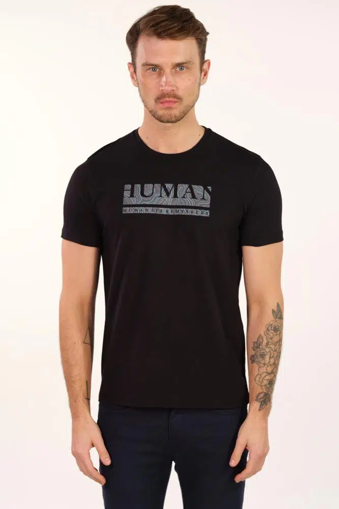 Ar-ma Erkek Bisiklet Yaka Tişört Yazi Baskili Slim Fit Full Süprem Y22344450801 - Siyah-S1