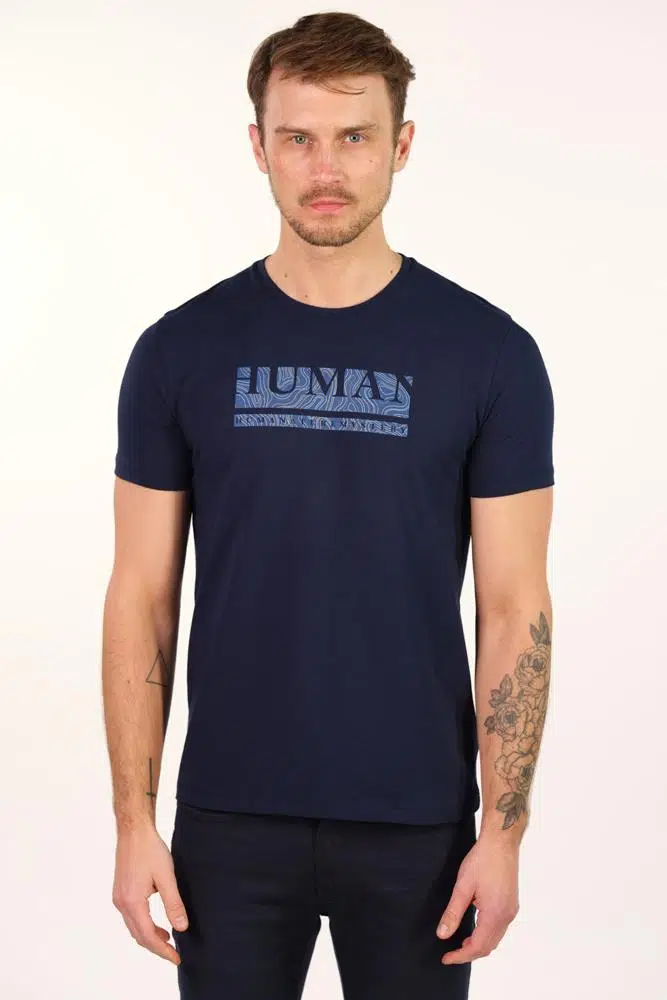 Ar-ma Erkek Bisiklet Yaka Tişört Yazi Baskili Slim Fit Full Süprem Y22344450801 - Lacivert-L1