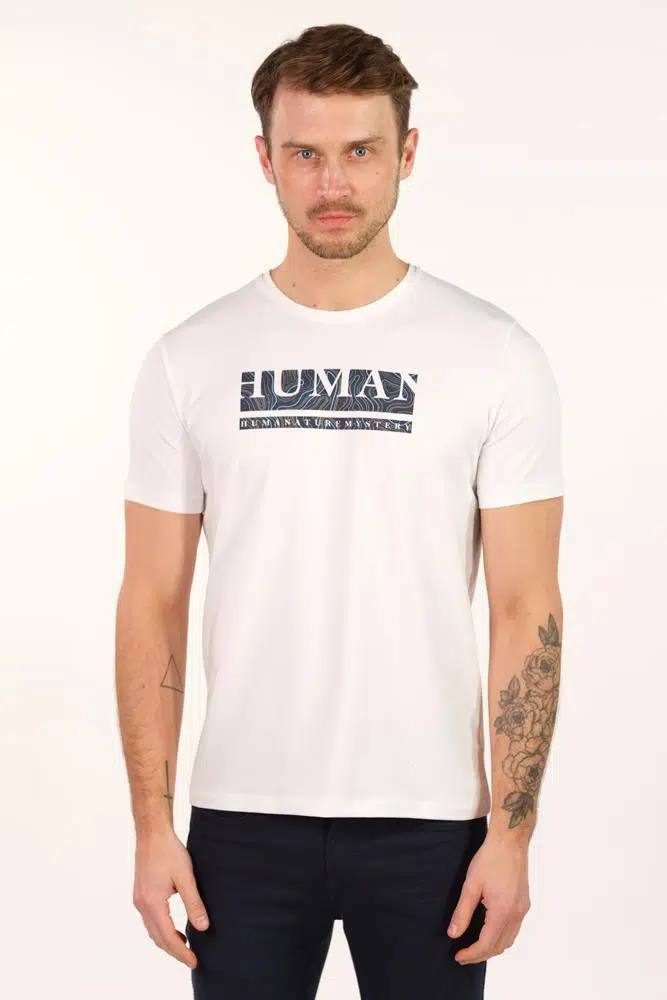 Ar-ma Erkek Bisiklet Yaka Tişört Yazi Baskili Slim Fit Full Süprem Y22344450801 - Beyaz-B1