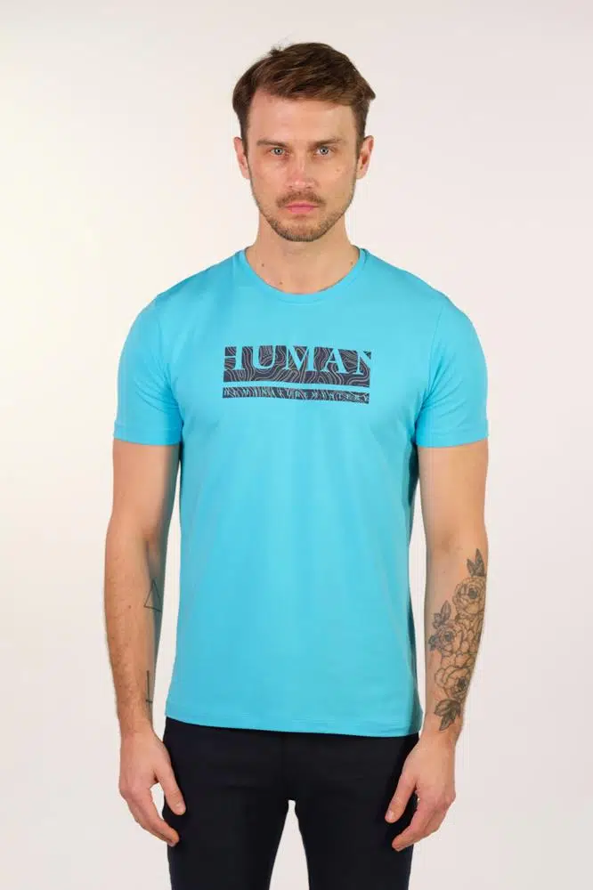 Ar-ma Erkek Bisiklet Yaka Tişört Yazi Baskili Slim Fit Full Süprem Y22344450801 - Turkuaz-T1