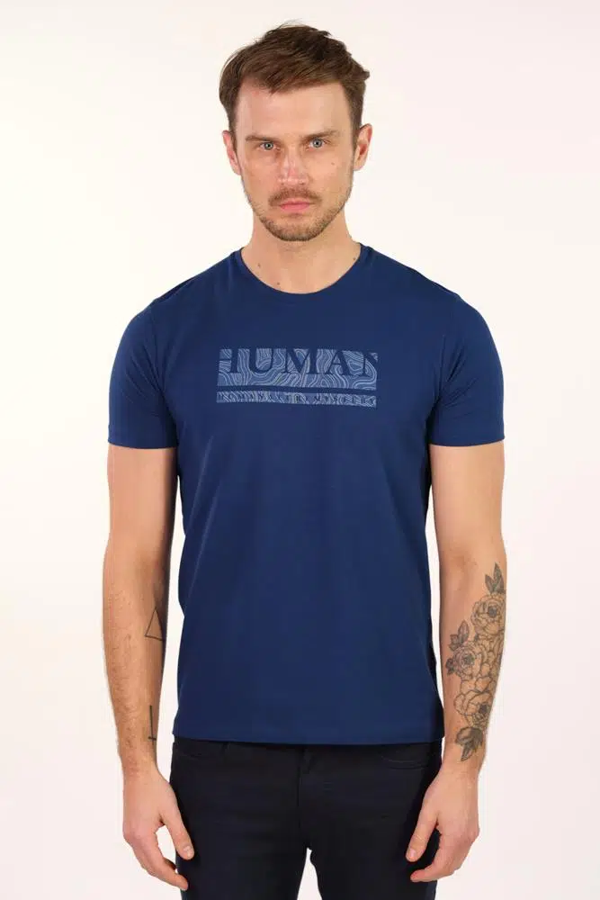Ar-ma Erkek Bisiklet Yaka Tişört Yazi Baskili Slim Fit Full Süprem Y22344450801 - İndigo-İ1
