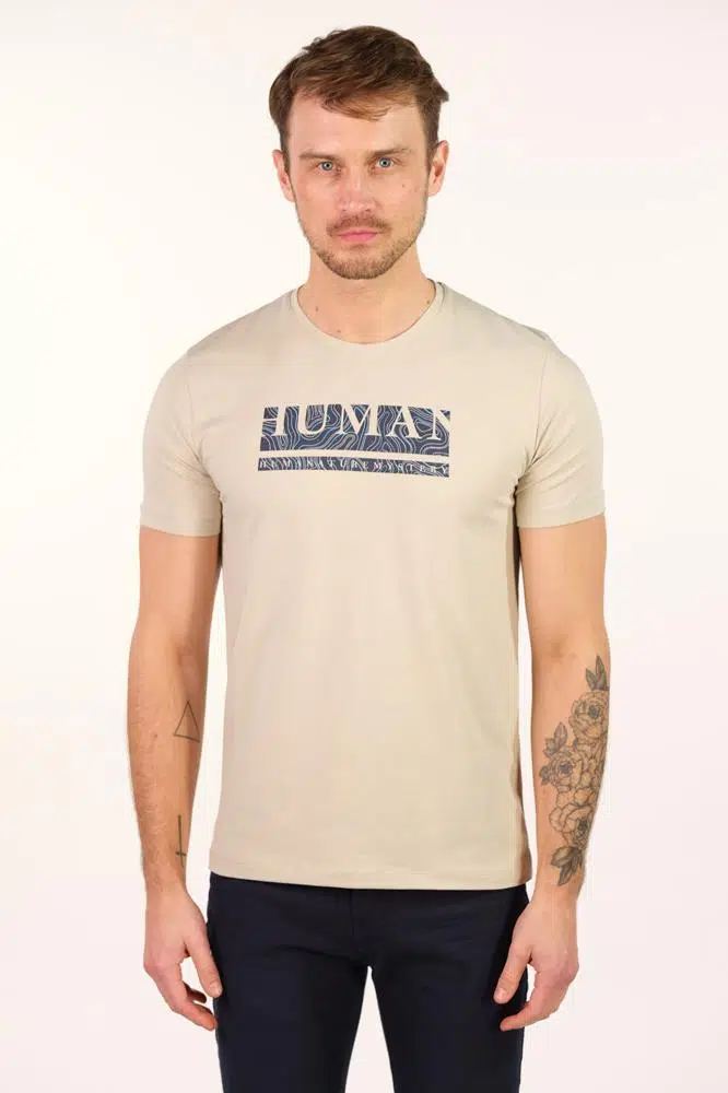 Ar-ma Erkek Bisiklet Yaka Tişört Yazi Baskili Slim Fit Full Süprem Y22344450801 - Bej-B1