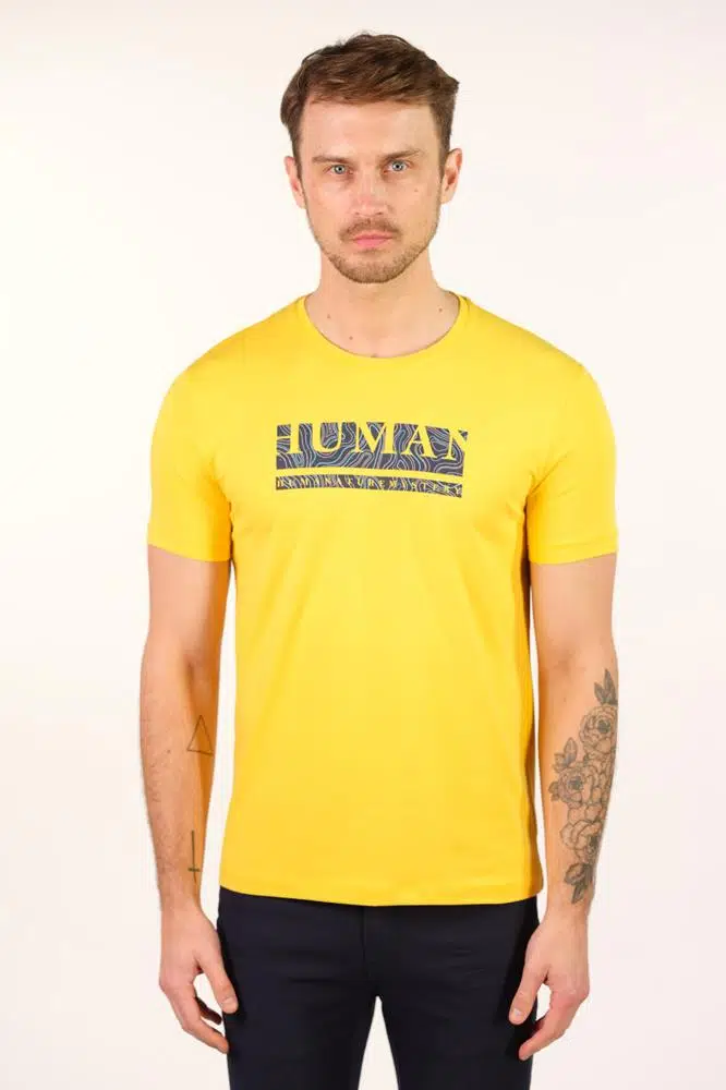 Ar-ma Erkek Bisiklet Yaka Tişört Yazi Baskili Slim Fit Full Süprem Y22344450801 - Sarı-S1