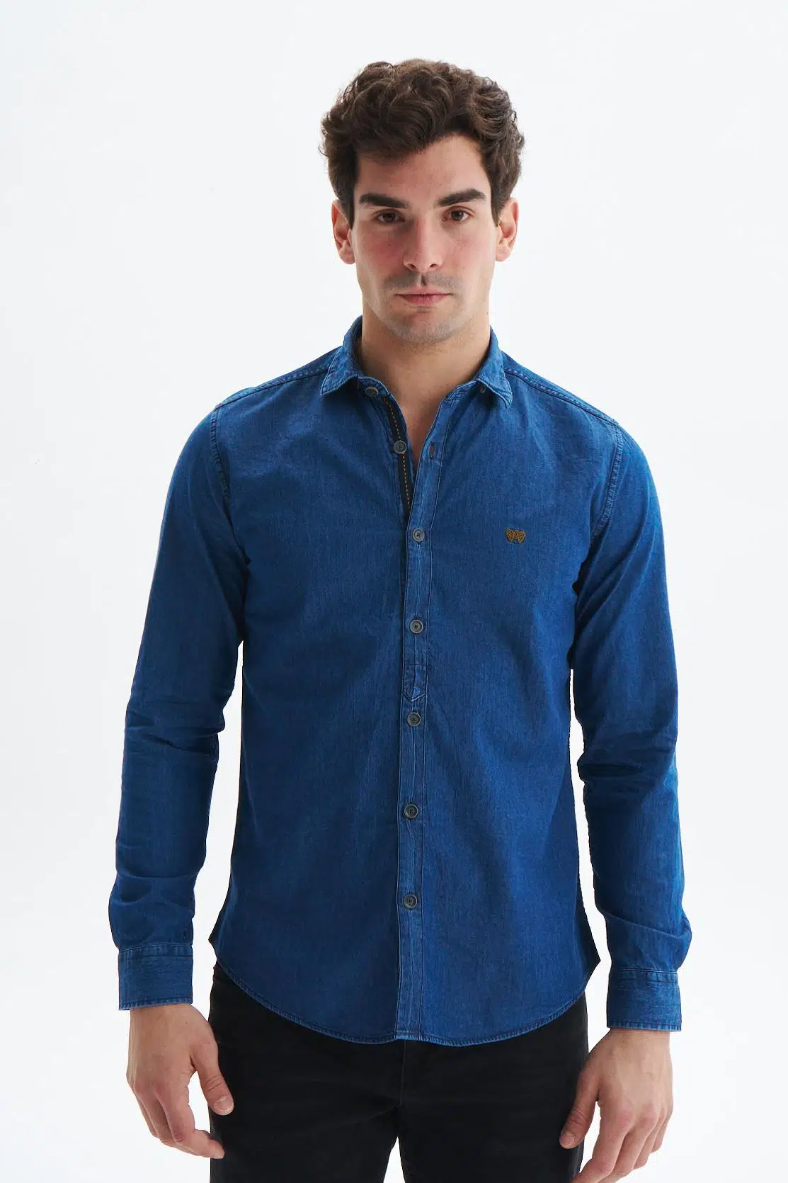 Ar-ma Erkek Gömlek Kot Görünümlü Düğme Kapamali Uzun Kollu Cepsiz Gömlek Slim Fit Denim Chambre K9GKD1069 - İndigo-İ1