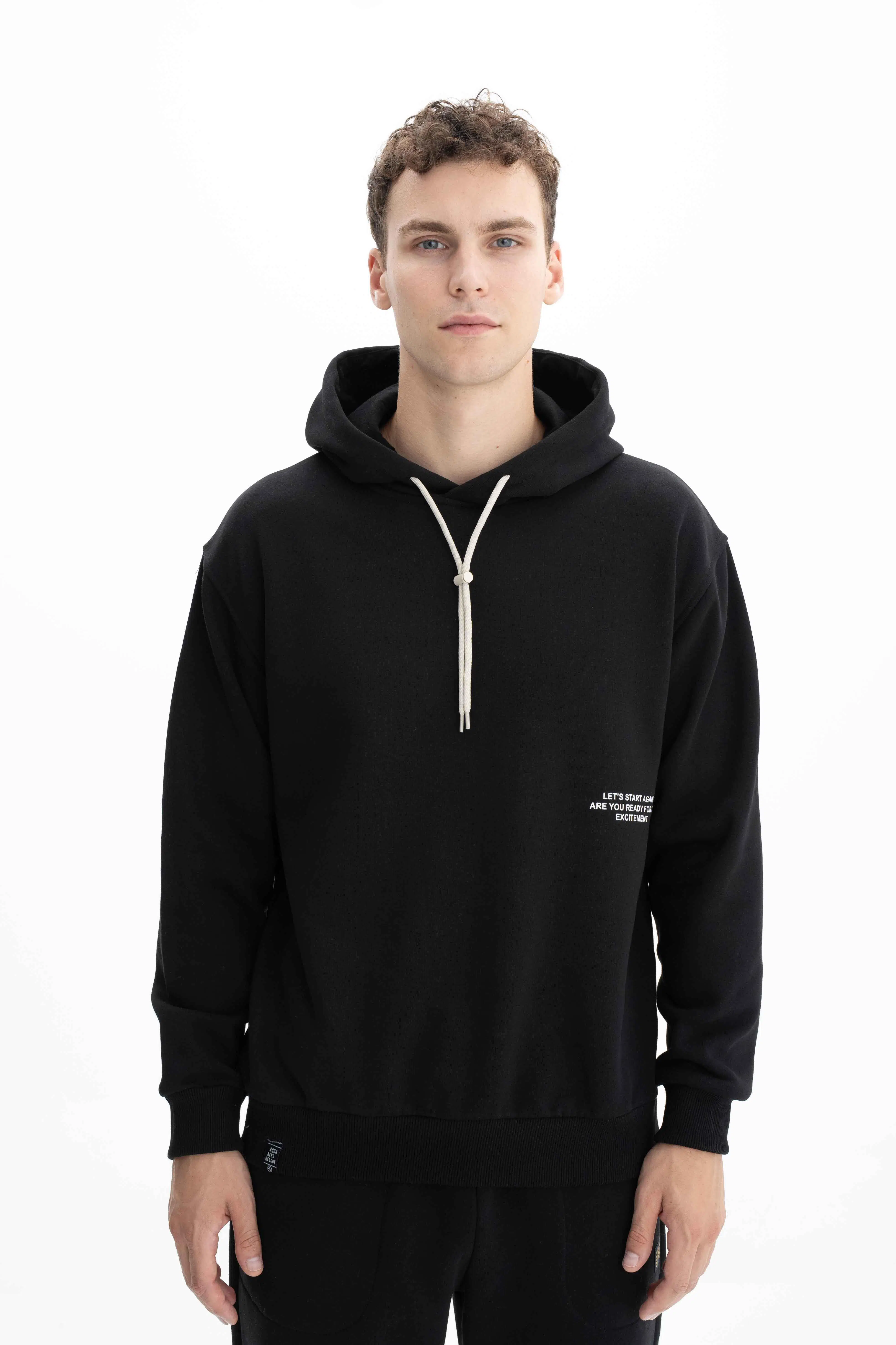 Ar-ma Erkek Kapşonlu Sweatshirt Basic Baskisiz Cepsiz Relax Fit Şardonlu Üç İplik K26254625201 - Siyah-S1