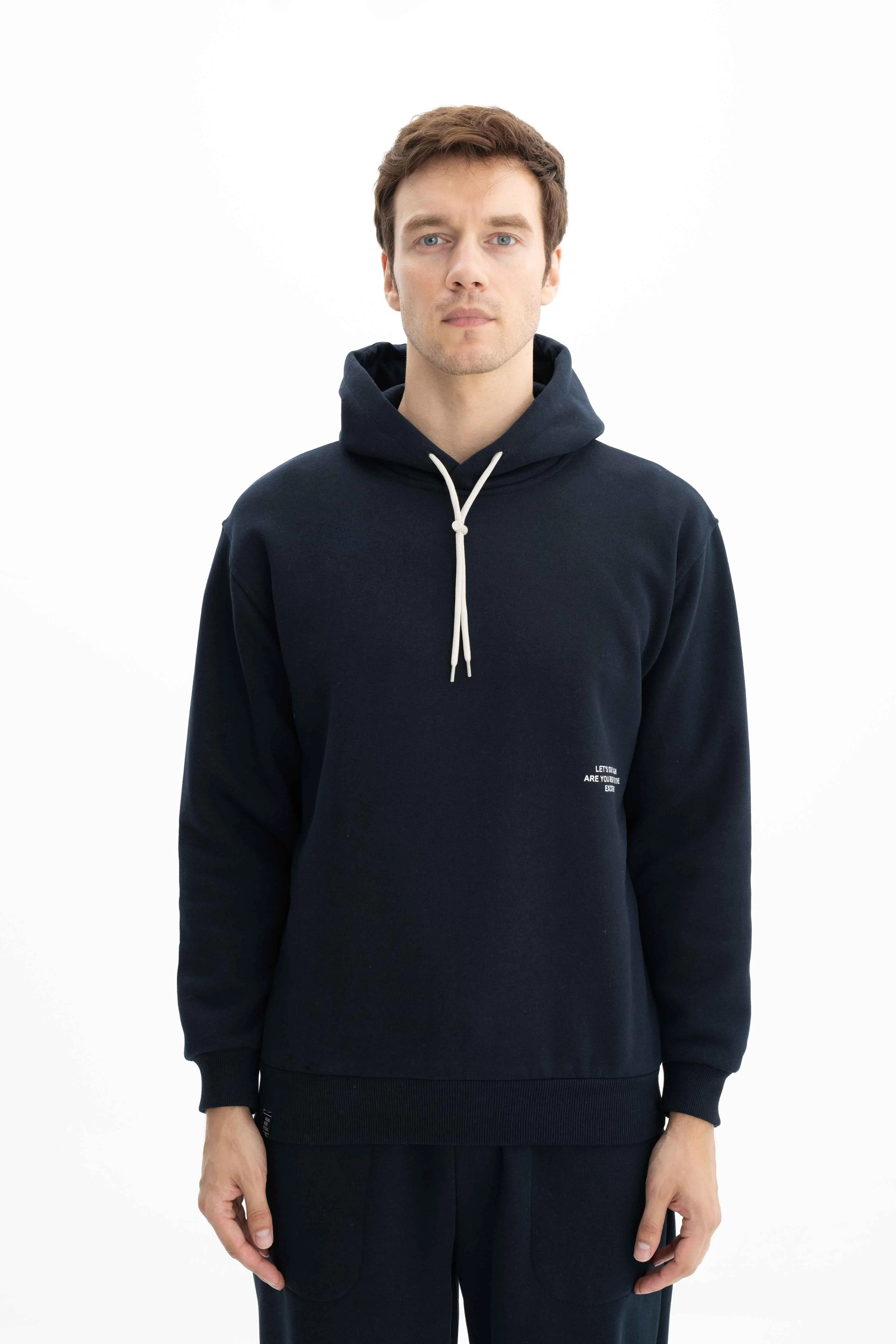 Ar-ma Erkek Kapşonlu Sweatshirt Basic Baskisiz Cepsiz Relax Fit Şardonlu Üç İplik K26254625201 - Lacivert-L1