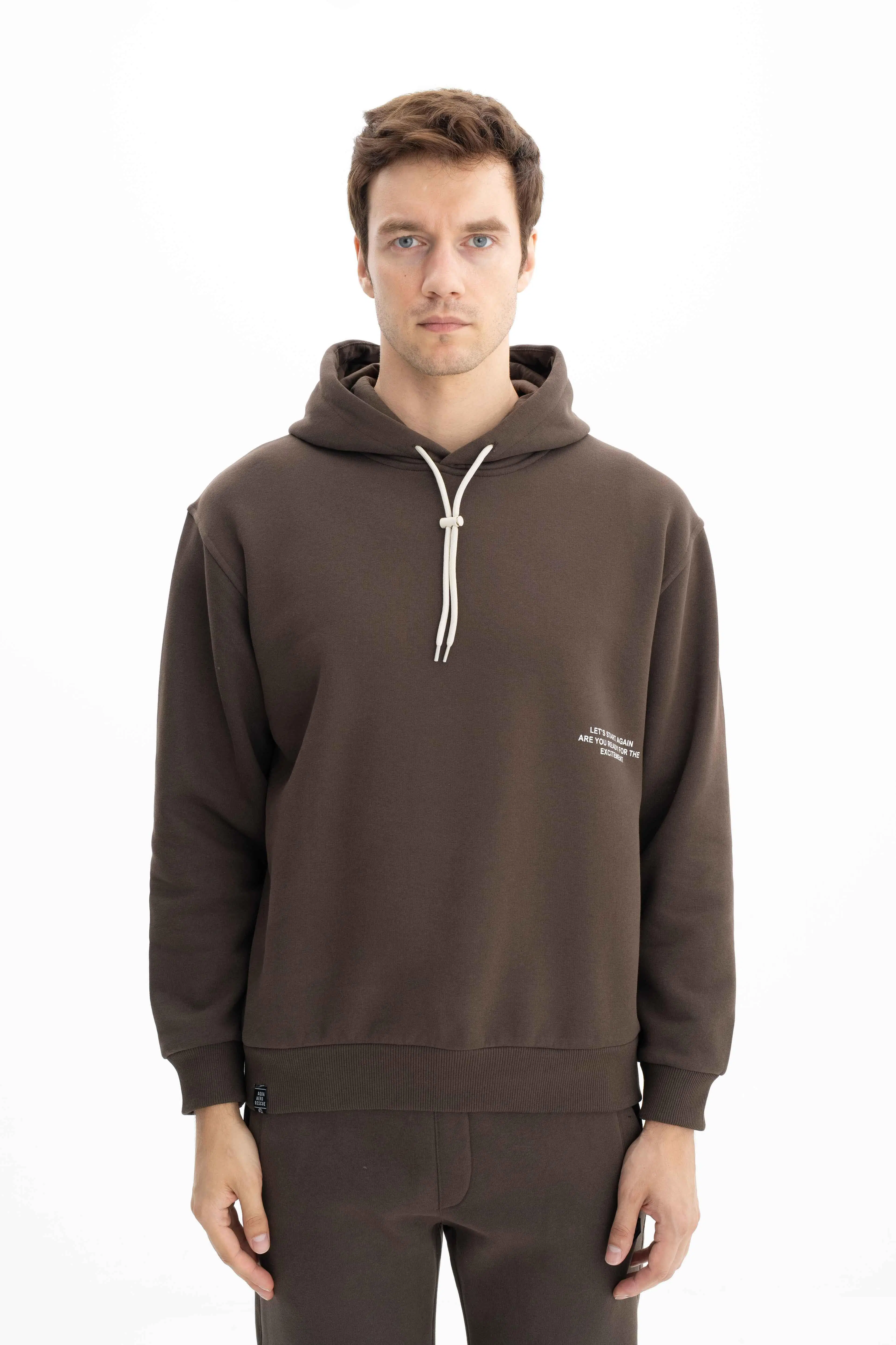 Ar-ma Erkek Kapşonlu Sweatshirt Basic Baskisiz Cepsiz Relax Fit Şardonlu Üç İplik K26254625201 - Kahverengi-K1