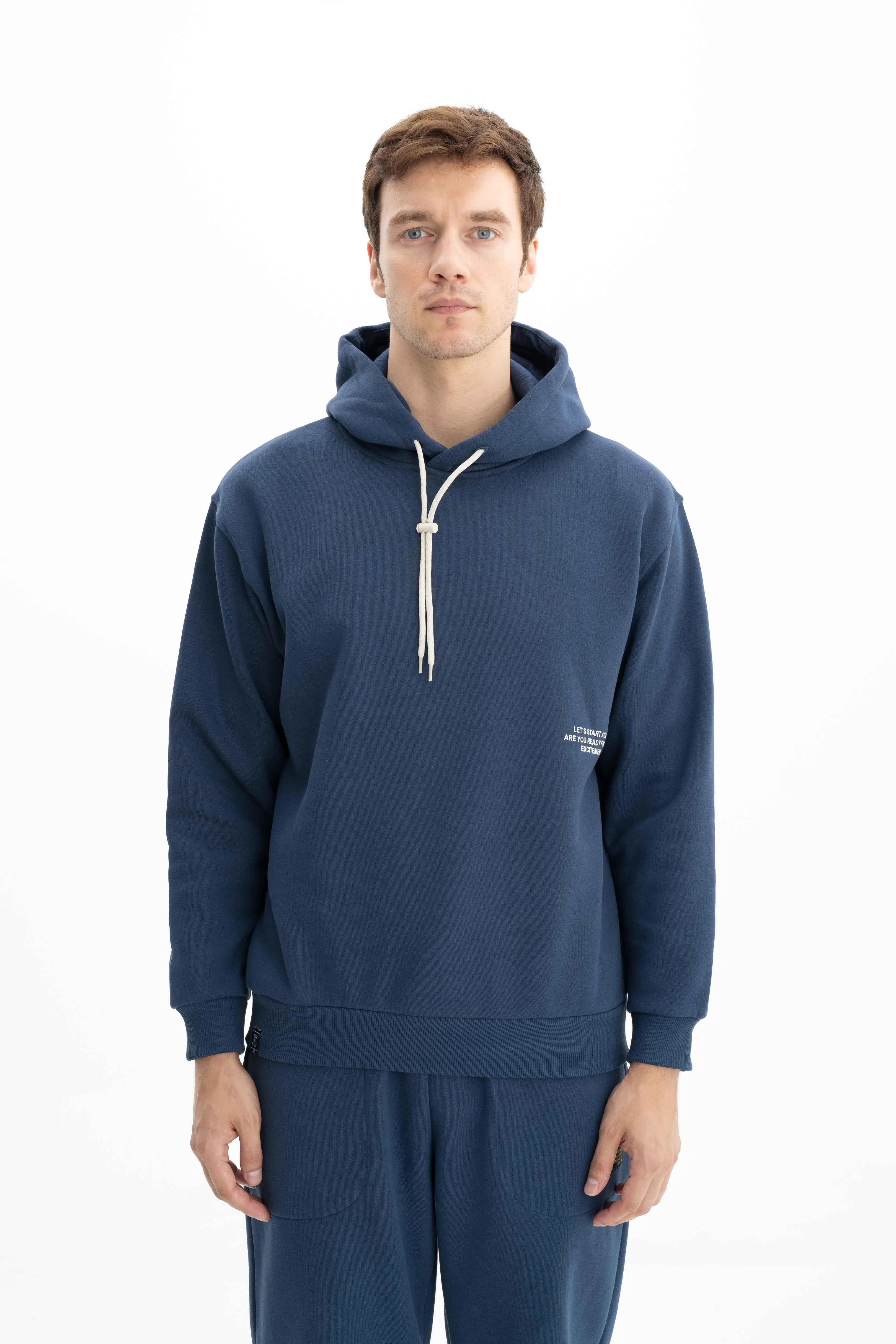 Ar-ma Erkek Kapşonlu Sweatshirt Basic Baskisiz Cepsiz Relax Fit Şardonlu Üç İplik K26254625201 - İndigo-İ1