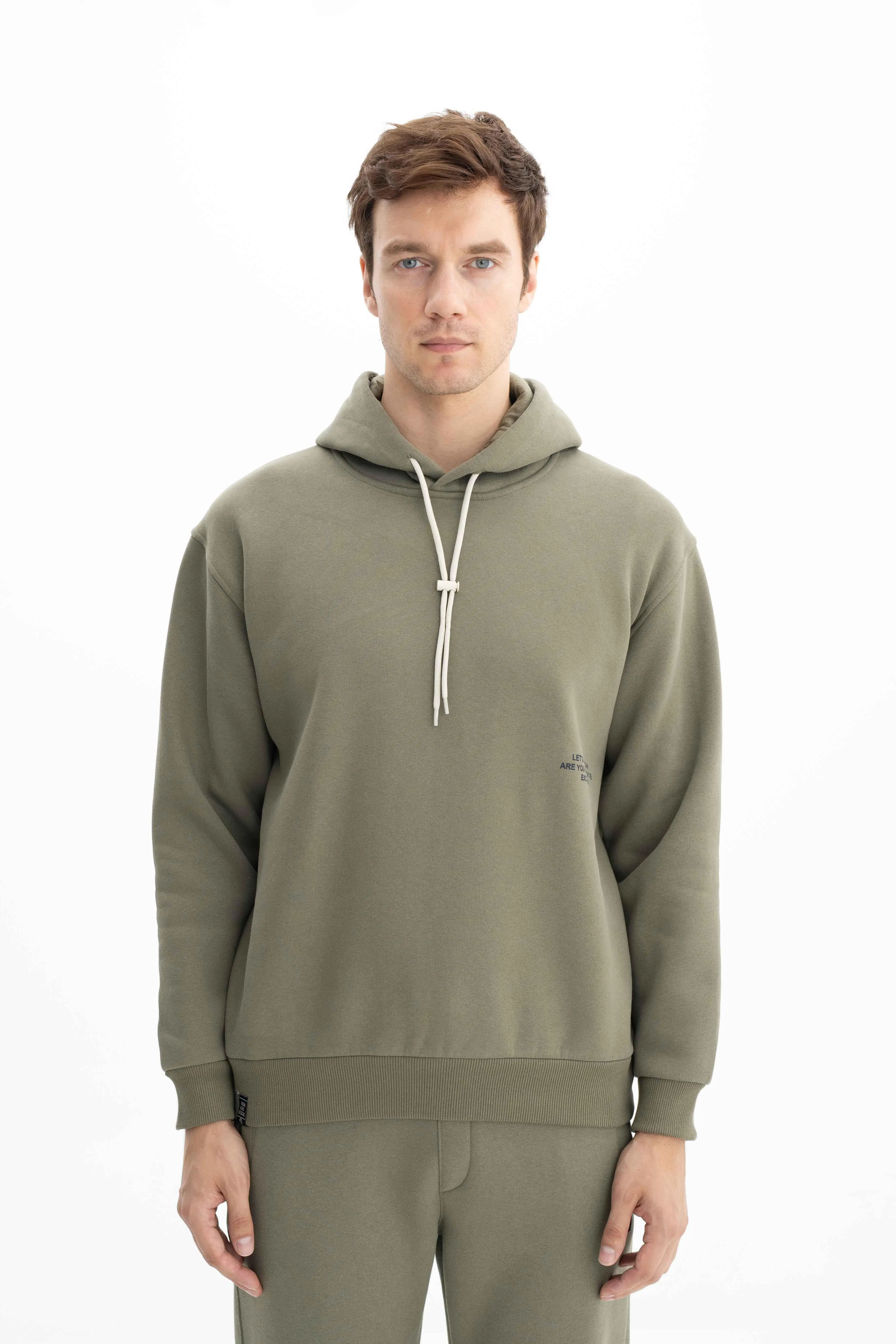 Ar-ma Erkek Kapşonlu Sweatshirt Basic Baskisiz Cepsiz Relax Fit Şardonlu Üç İplik K26254625201 - Yeşil-Y3