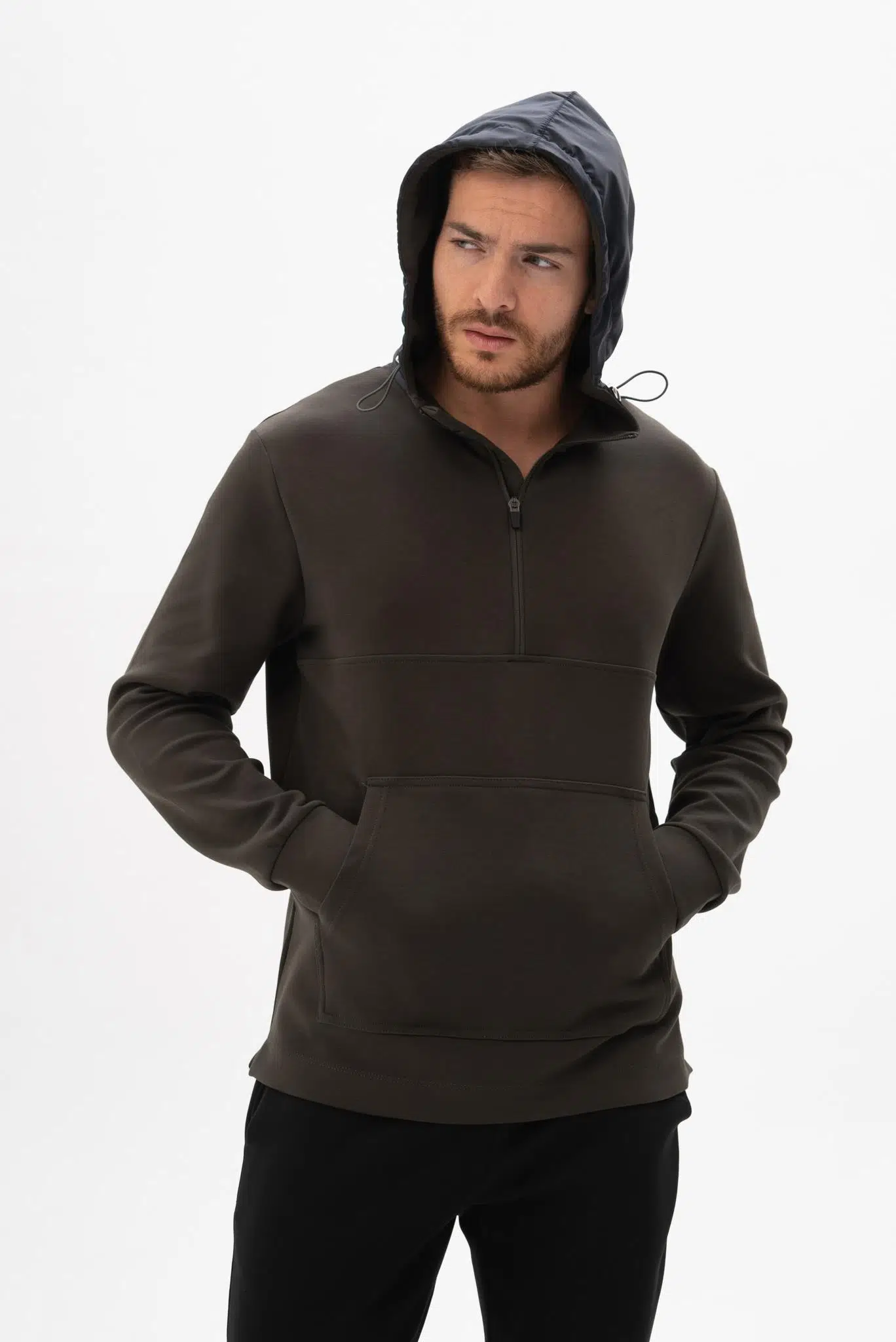 Ar-ma Erkek Kapşonlu Sweatshirt Baskisiz Kanguru Cepli Slim Fit Çift Tarafli İnterlok K26254987401 - Yeşil-Y1