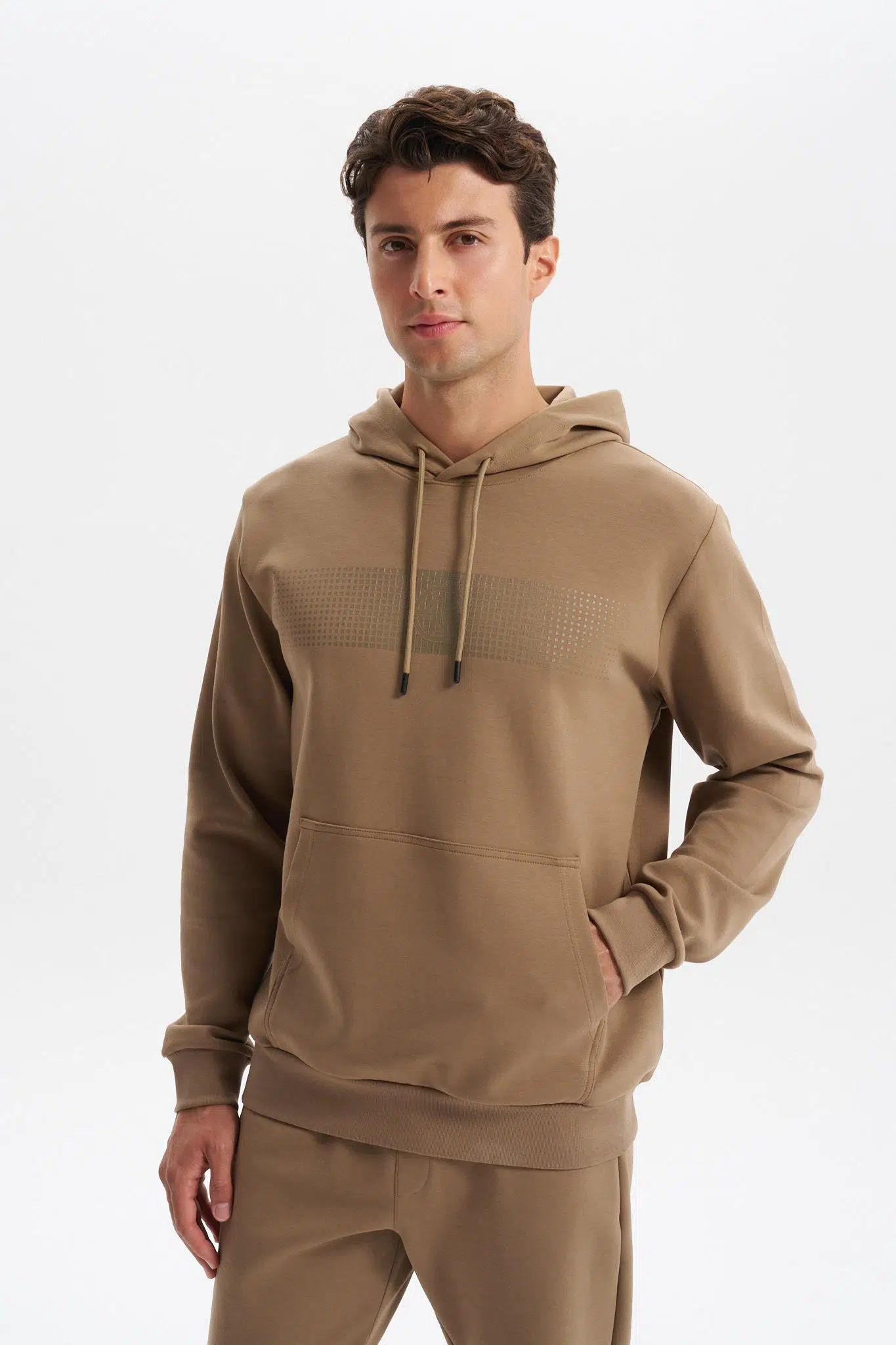 Ar-ma Erkek Kapşonlu Sweatshirt Baskisiz Kanguru Cepli Slim Fit Scuba İnterlok K30254685202 - Gri-Bej G8