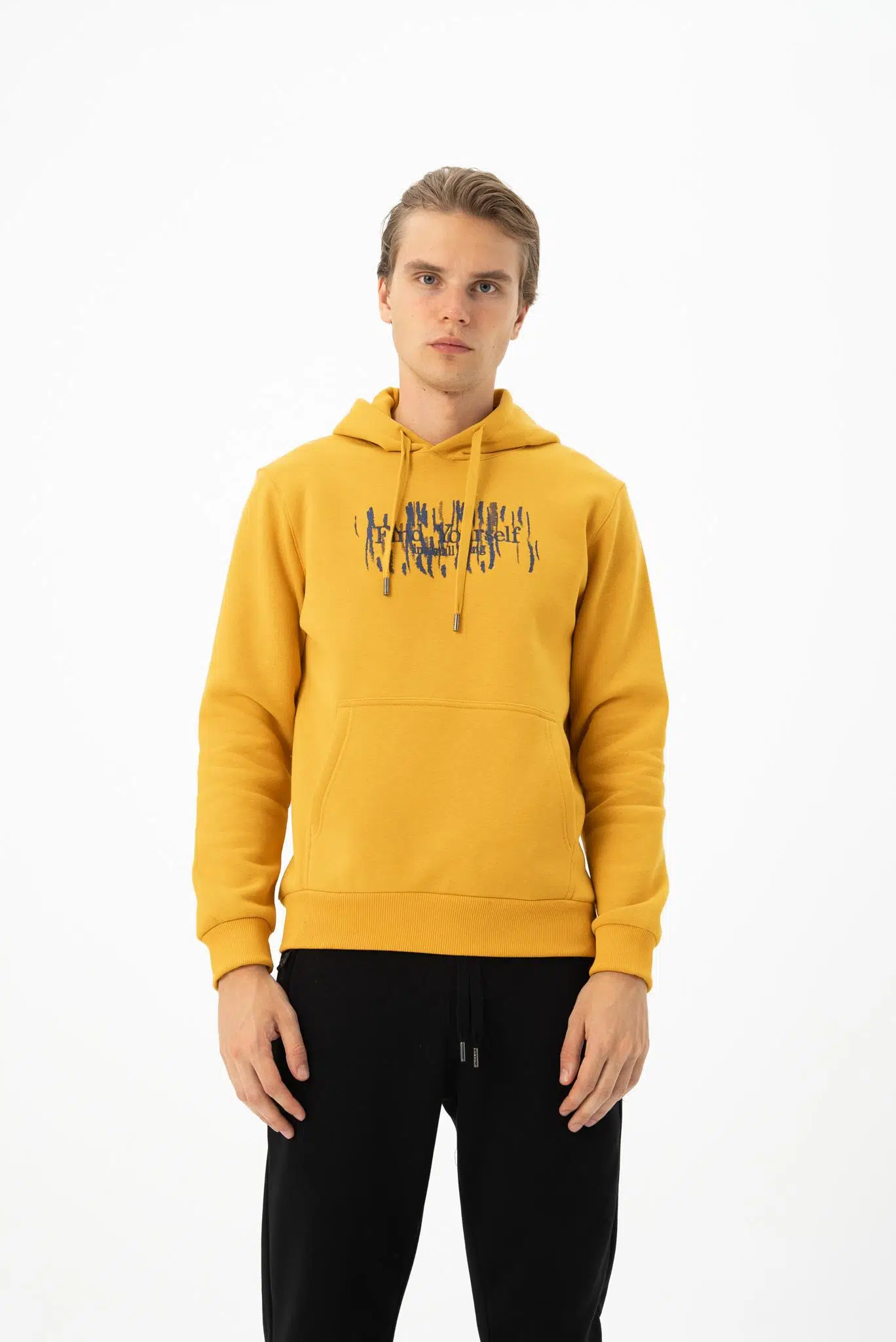 Ar-ma Erkek Kapşonlu Sweatshirt Yazi Baskili Kanguru Cepli Örme Kumaş Büyük Beden %70 Pamuk %30 Polyester 30/1 Şardonlu Üç İplik K24254884301 - Hardal Sarısı-H1