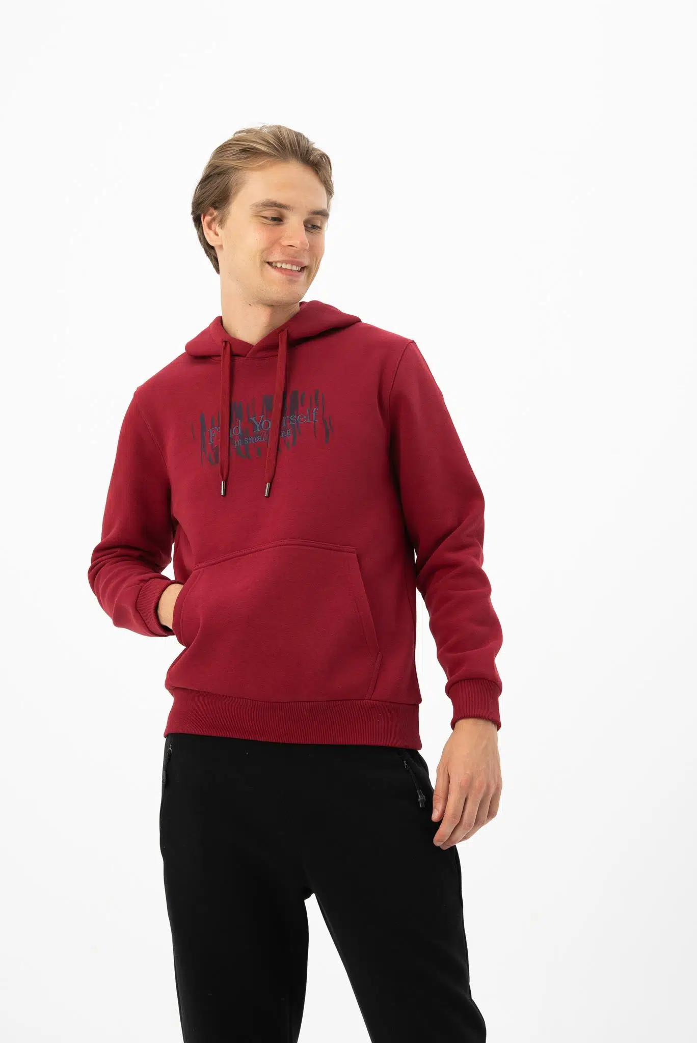 Ar-ma Erkek Kapşonlu Sweatshirt Yazi Baskili Kanguru Cepli Örme Kumaş Büyük Beden %70 Pamuk %30 Polyester 30/1 Şardonlu Üç İplik K24254884301 - Kırmızı-K1
