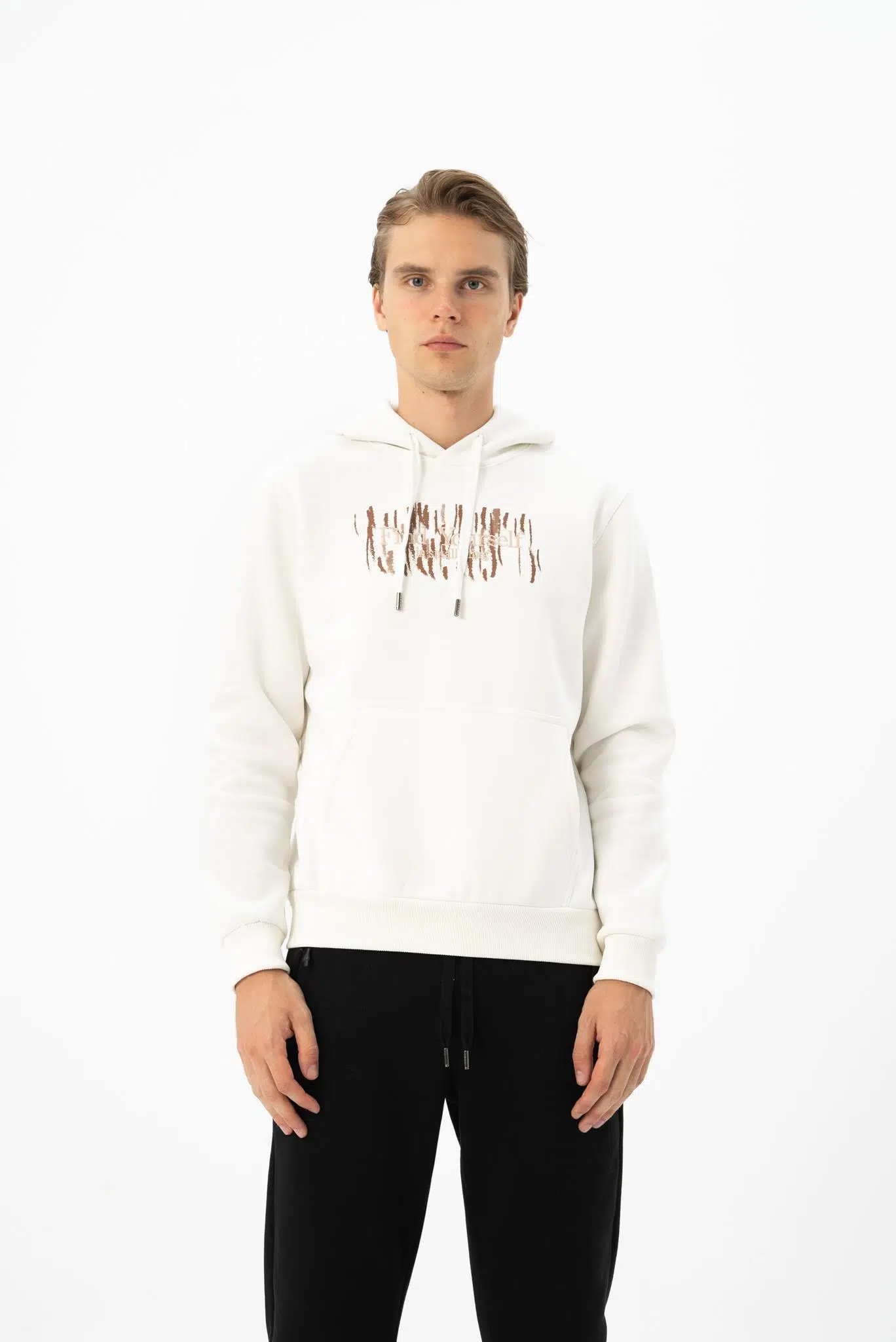 Ar-ma Erkek Kapşonlu Sweatshirt Yazi Baskili Kanguru Cepli Örme Kumaş Büyük Beden %70 Pamuk %30 Polyester 30/1 Şardonlu Üç İplik K24254884301 - Ekru-E1