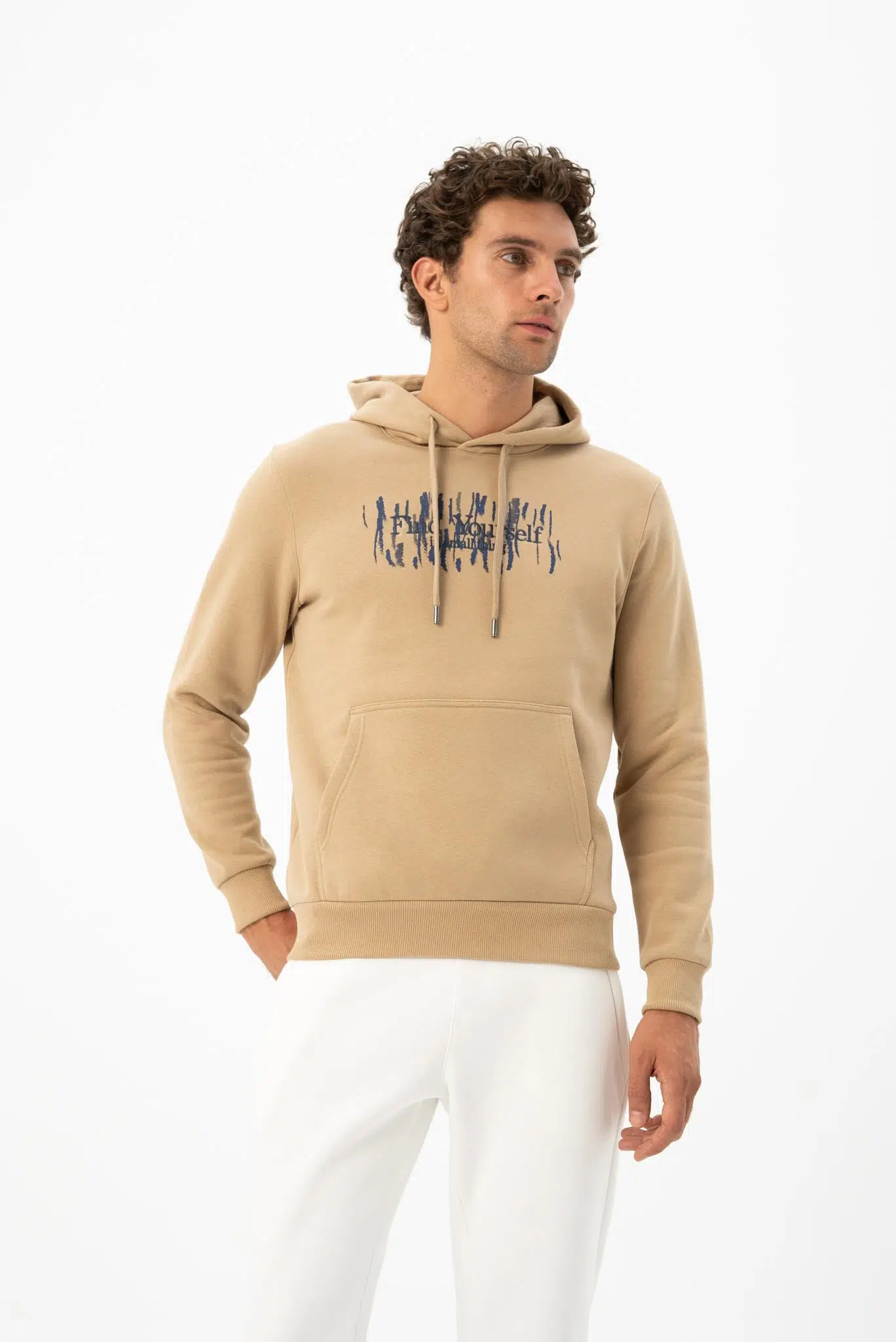 Ar-ma Erkek Kapşonlu Sweatshirt Yazi Baskili Kanguru Cepli Örme Kumaş Büyük Beden %70 Pamuk %30 Polyester 30/1 Şardonlu Üç İplik K24254884301 - Bej-B2
