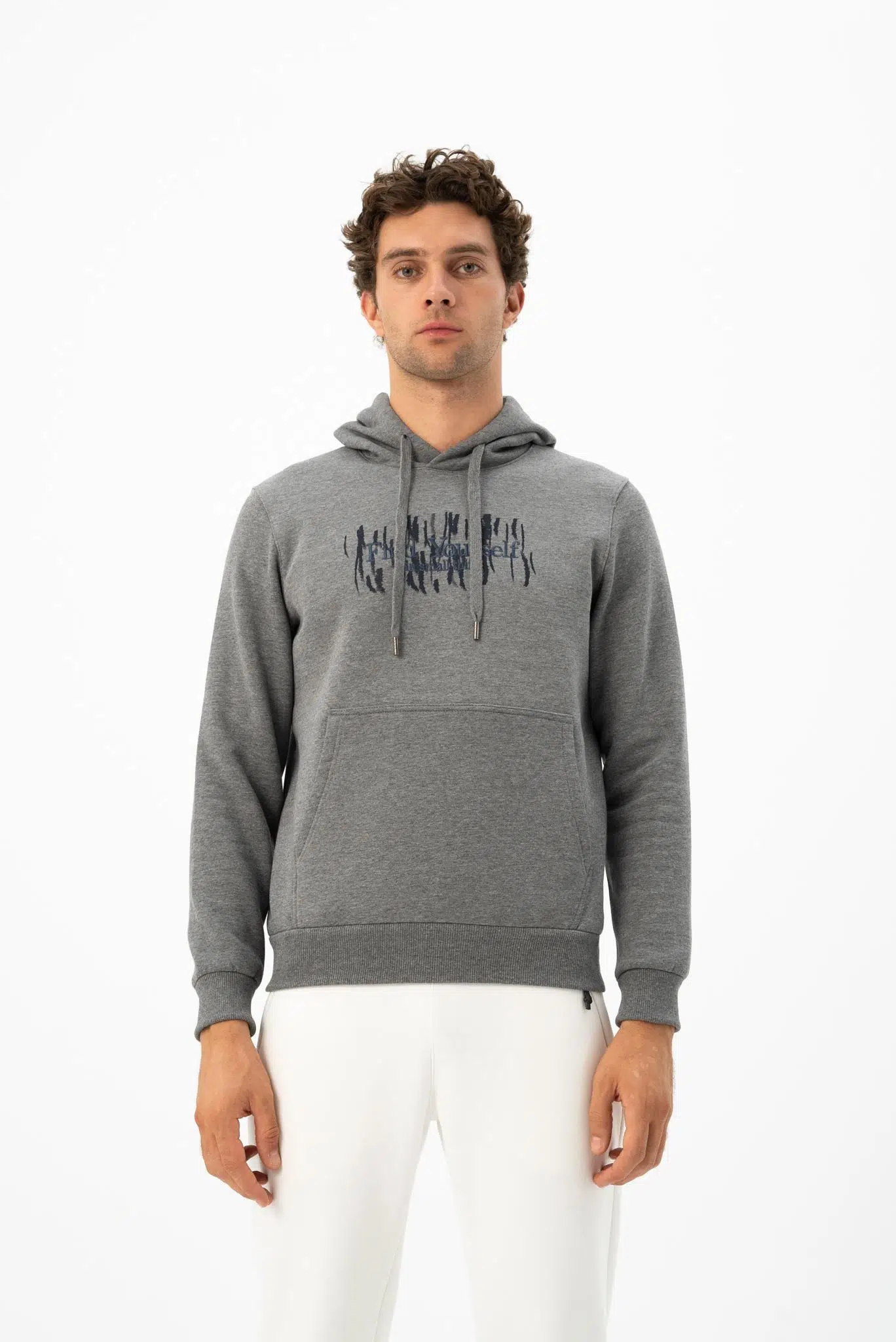 Ar-ma Erkek Kapşonlu Sweatshirt Yazi Baskili Kanguru Cepli Örme Kumaş Büyük Beden %70 Pamuk %30 Polyester 30/1 Şardonlu Üç İplik K24254884301 - Gri-G1